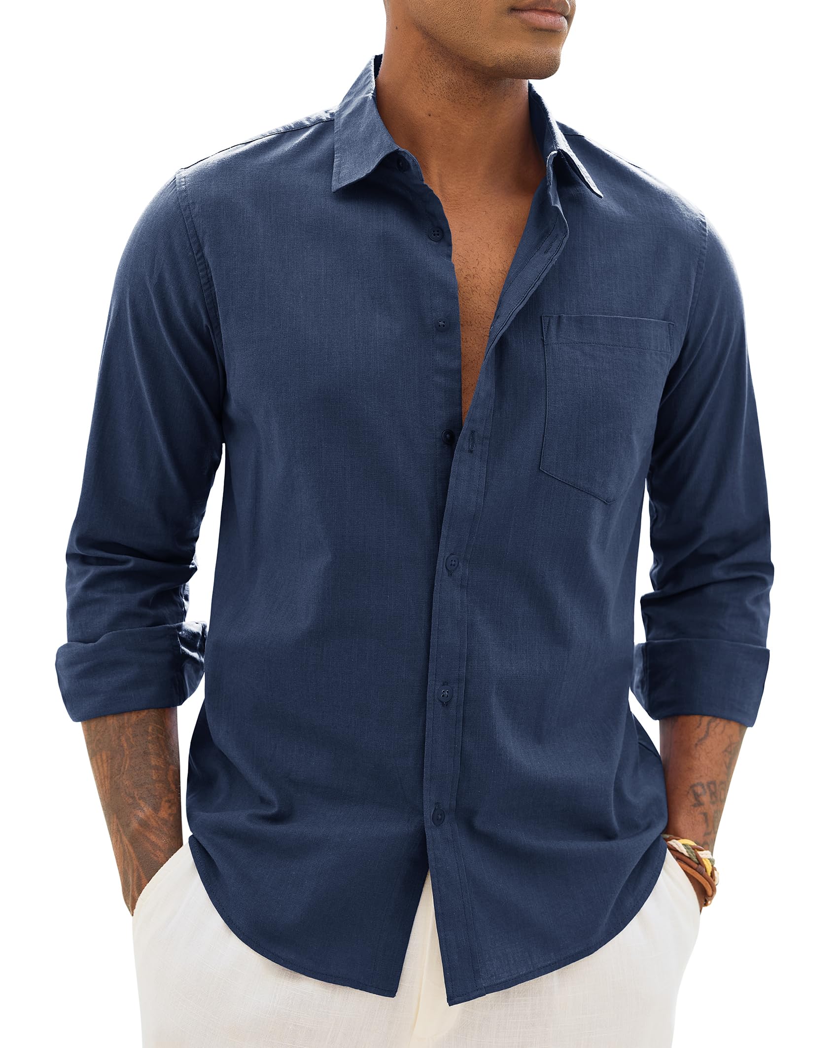 Mens Linen Textured Shirt Long Sleeve Summer Beach Tops