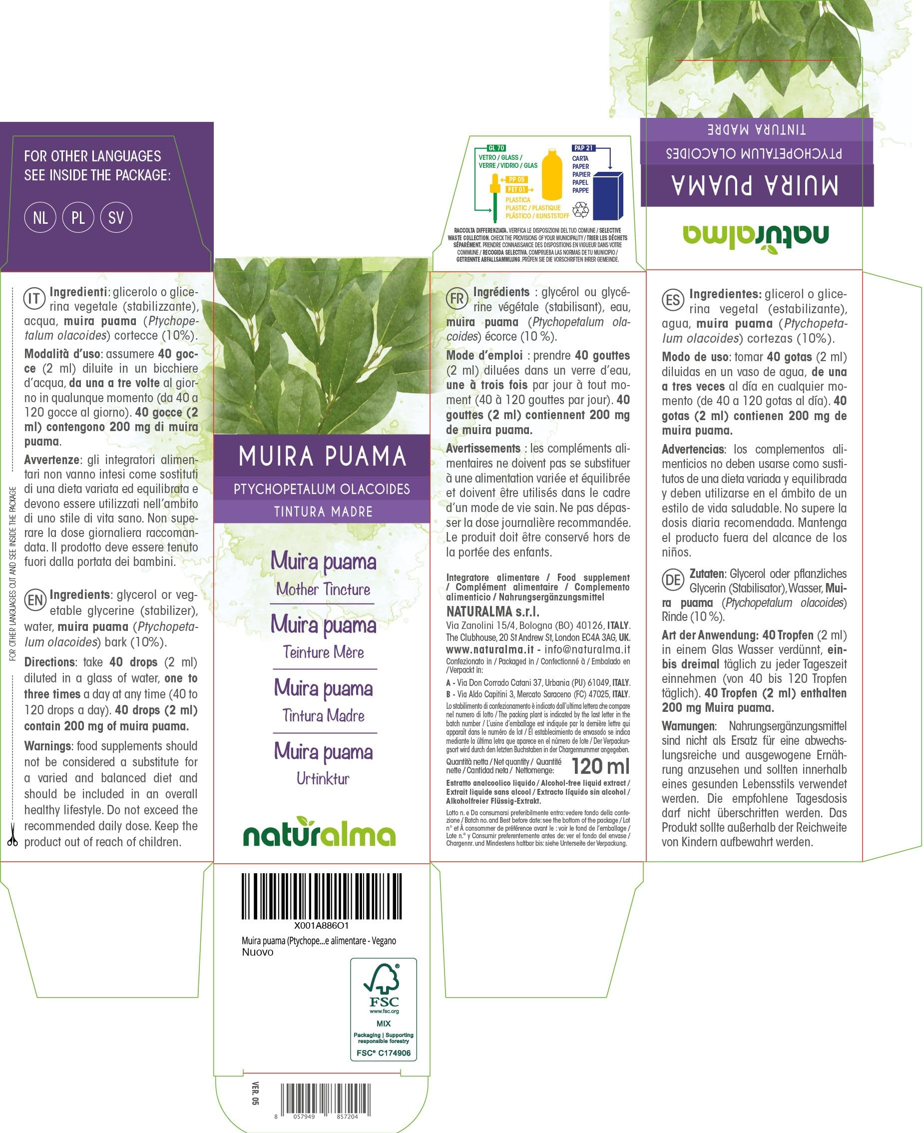 Muira puama (Ptychopetalum olacoides) cortecce Tintura Madre analcoolica Naturalma - Estratto liquido gocce 120 ml - Integratore alimentare - Vegano