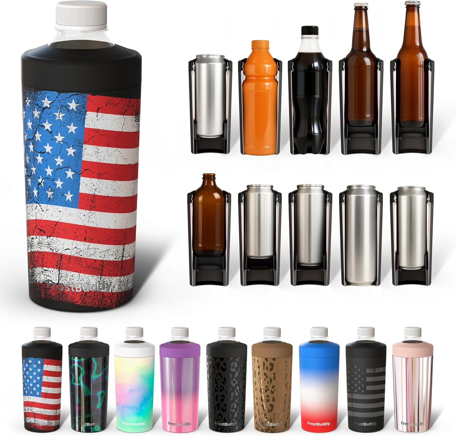 Frost Buddy Universal XL Can Cooler - Fits All - For 12, 16, 20, and 24 ounce Bottles - Insulated Double-Walled Stainless Steel (Merica-)