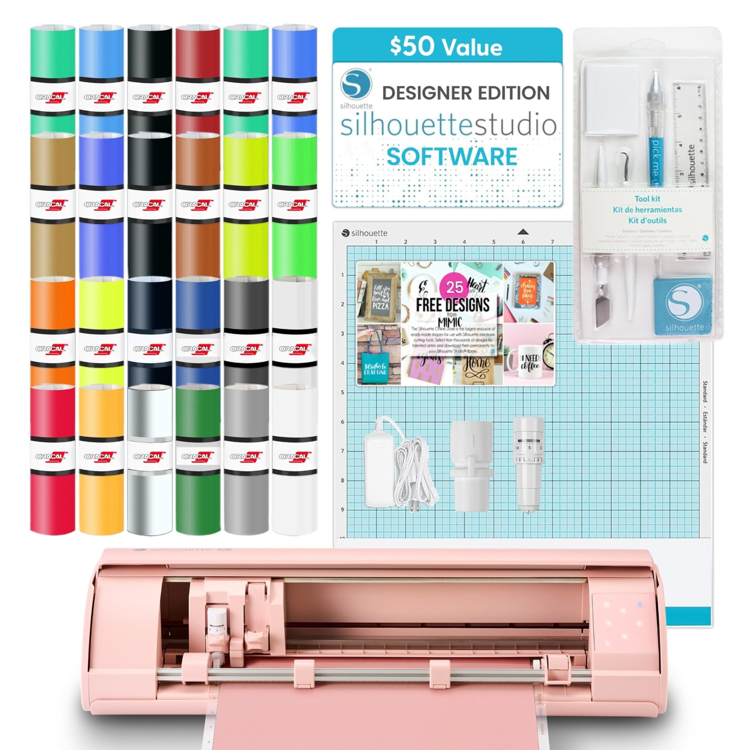 Cameo 5 Alpha (α) - Smart Cutting Machine, Matte Pink (Starter Bundle) - Includes Designer Edition Software, 24 Oracal Vinyl Sheets, Tool Kit & 25 Free Designs for DIY