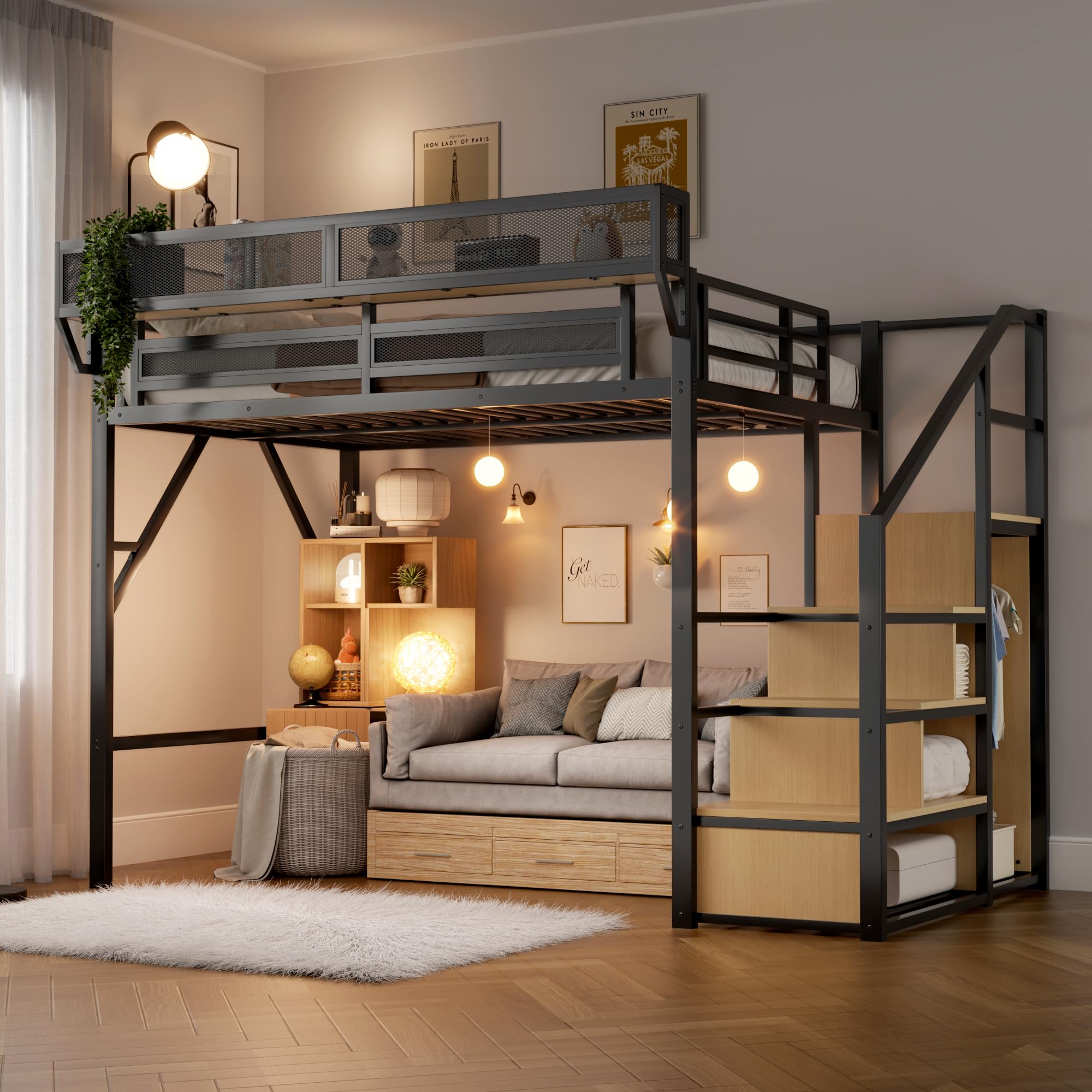 Full Size Loft Bed with Stairs and Storage, Metal Loft Bed Frame with Bedside Shelf and Large Under-Bed Space, Heavy-Duty Bed for Adults Teens and Kids, Black