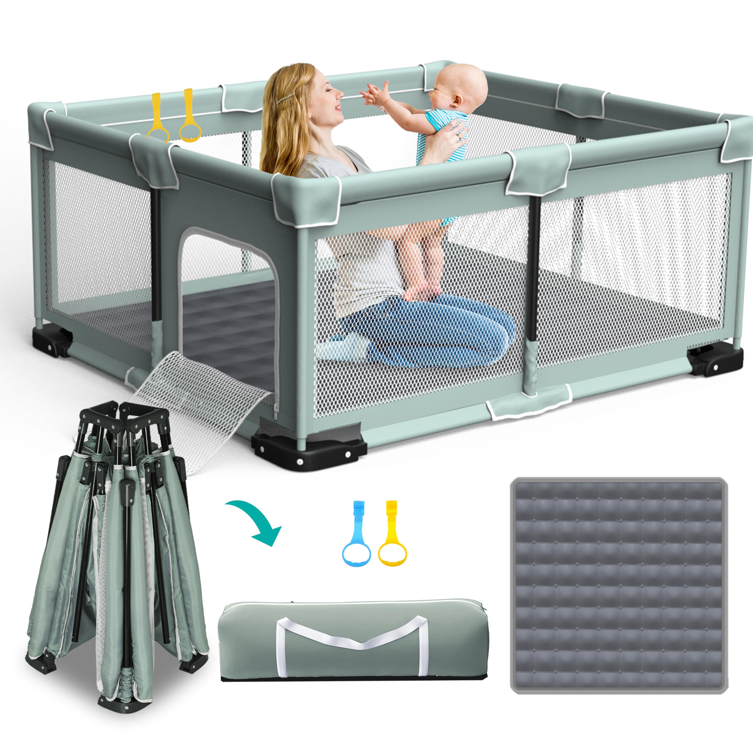 ICAREWAY Foldable Playpen for Babies and Toddlers, 71"x59" Inches Portable Playpen with Mat, Kids Collapsible Play Pen with 2 Handlers, Indoor &