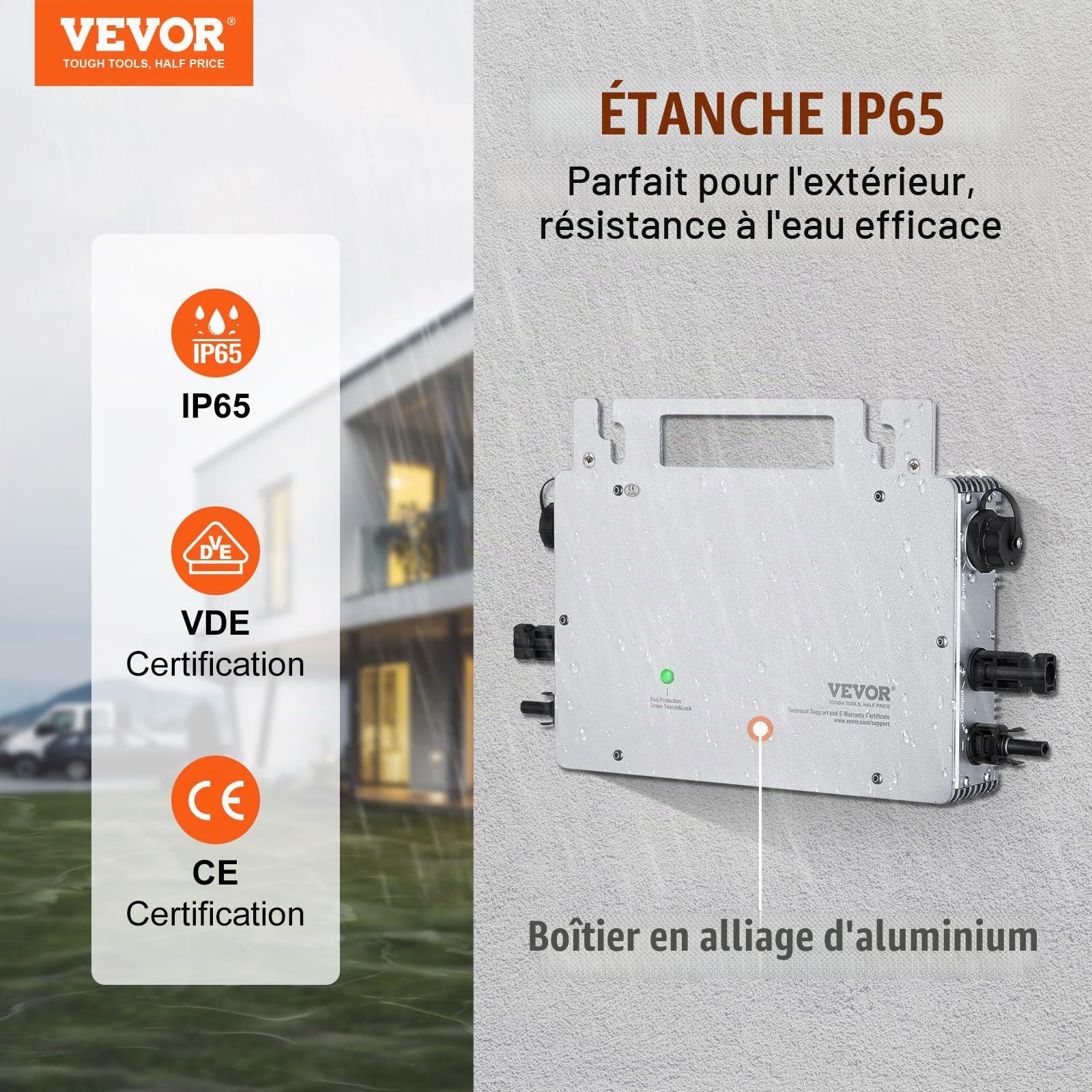 VEVOR Micro Onduleur Solaire Lié au Réseau 800 W Micro-onduleur Solaire Étanche IP65 Alliage d'Aluminium Tension CC 18-50 V avec Antenne APP WiFi Cordon d'alimentation pour Systèmes Panneaux Solaires