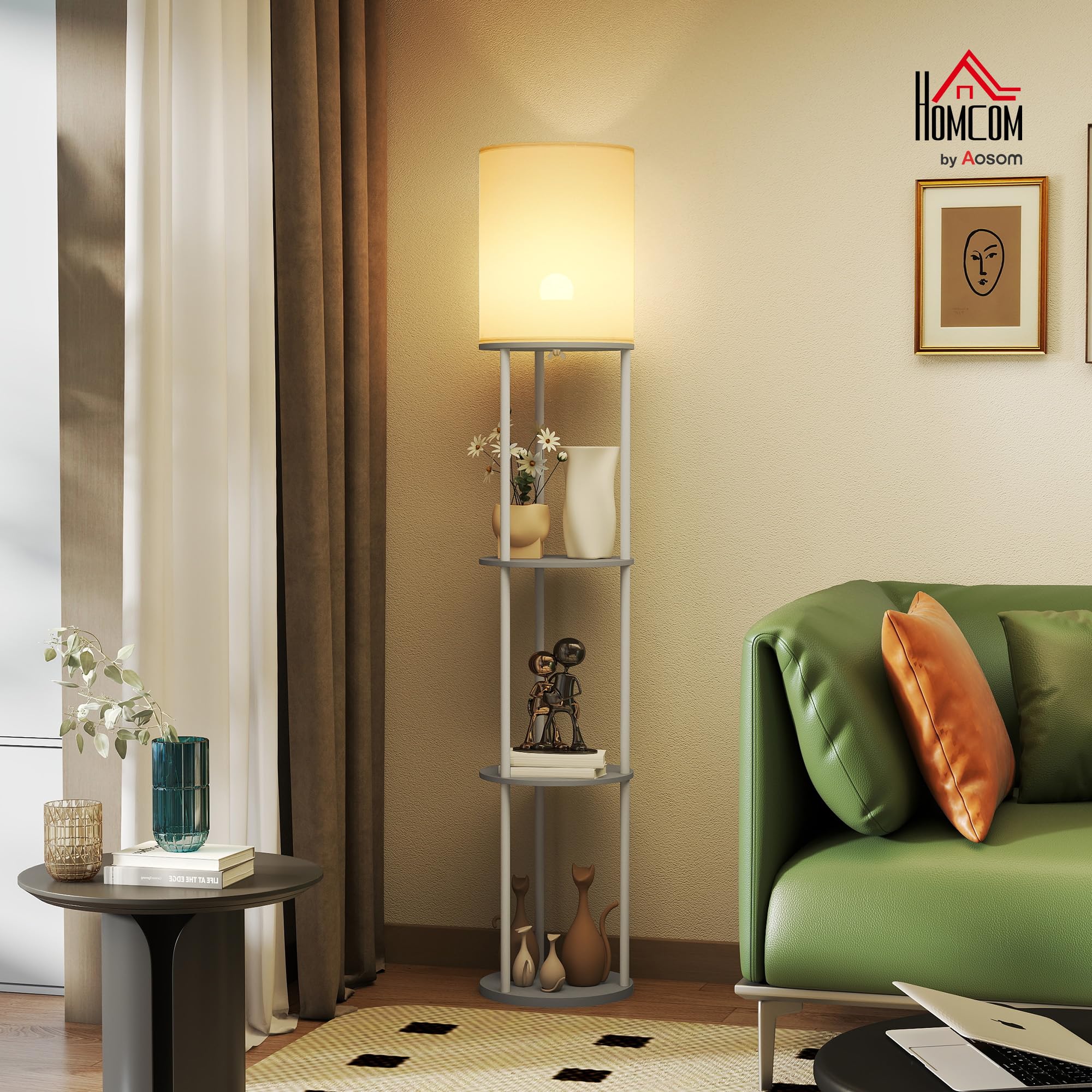 HOMCOM Lámpara de Pie con Estantes, Lámpara con 3 Temperaturas de Color, Control Remoto, para Salón, Dormitorio, Oficina, Gris