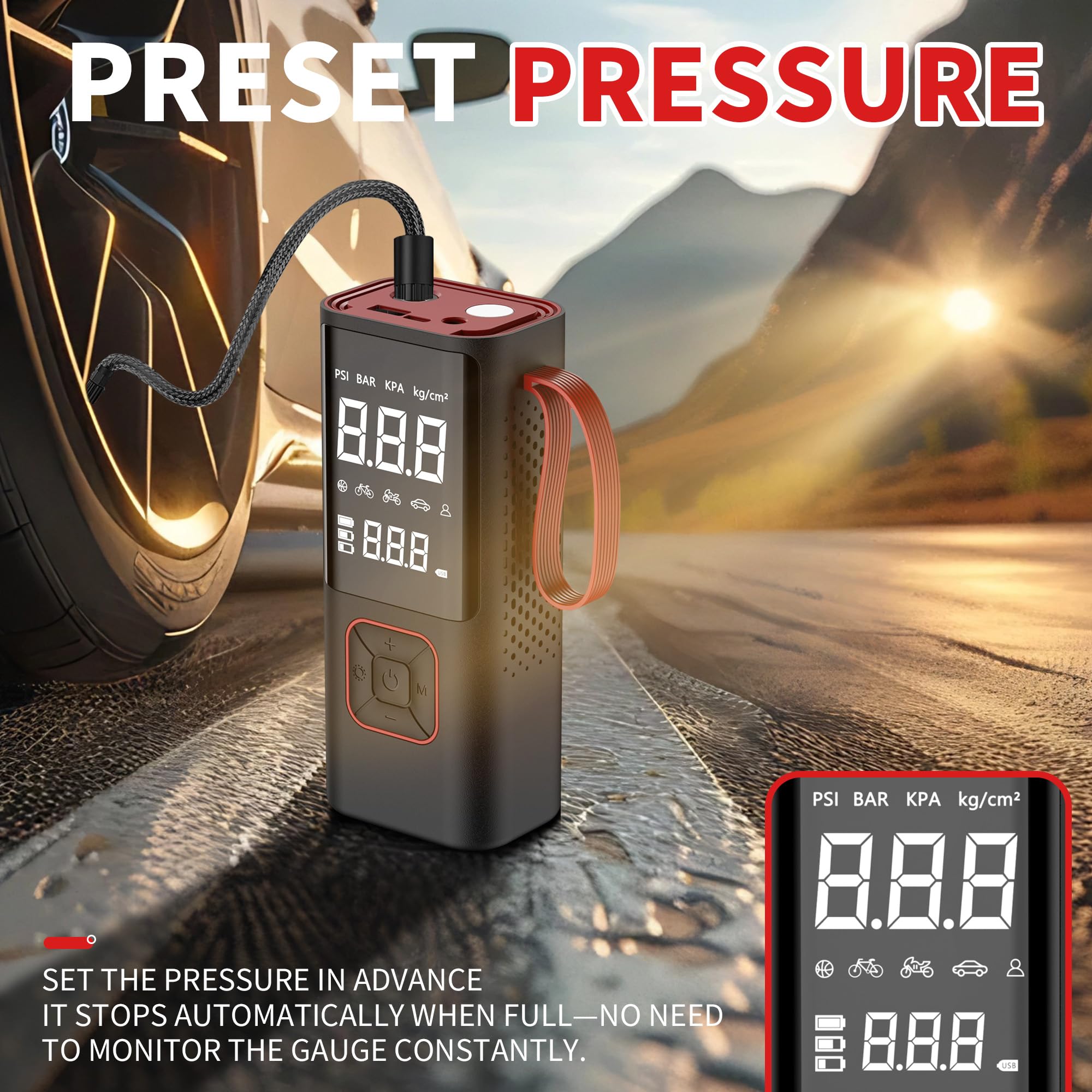 Compressore Aria Portatile, COCCKO 6000mAh e 12V DC Pompa Bicicletta Elettrica,10,3 Bar/150PSI Mini Compressore Portatile con Luce LED, Ricarica USB, per Auto, Bici, Moto, Pallone