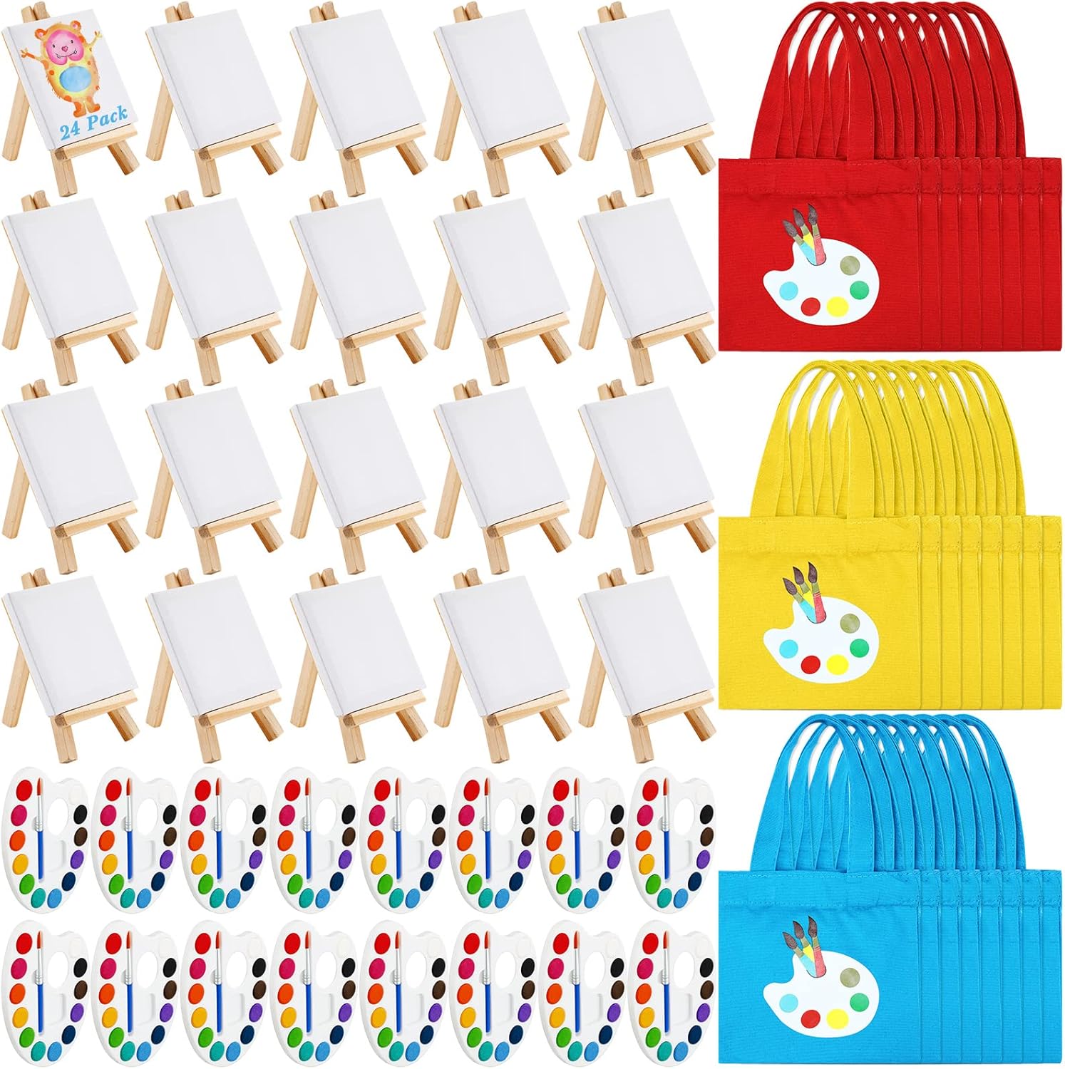 Seajan 12 Set Mini Watercolor Paint Set Include 3 x 3'' Mini Canvas Wood Easel 12 Colors Watercolor Paints and Canvas Tote Bags for Easter Classroom Art Party Favors Painting Beginner