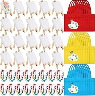 Seajan 24 Set Mini Watercolor Paint Set Include 3 x 3'' Mini Canvas Wood Easel 12 Colors Watercolor Paints and Canvas Tote Bags for Easter Classroom Art Party Favors Painting Beginner