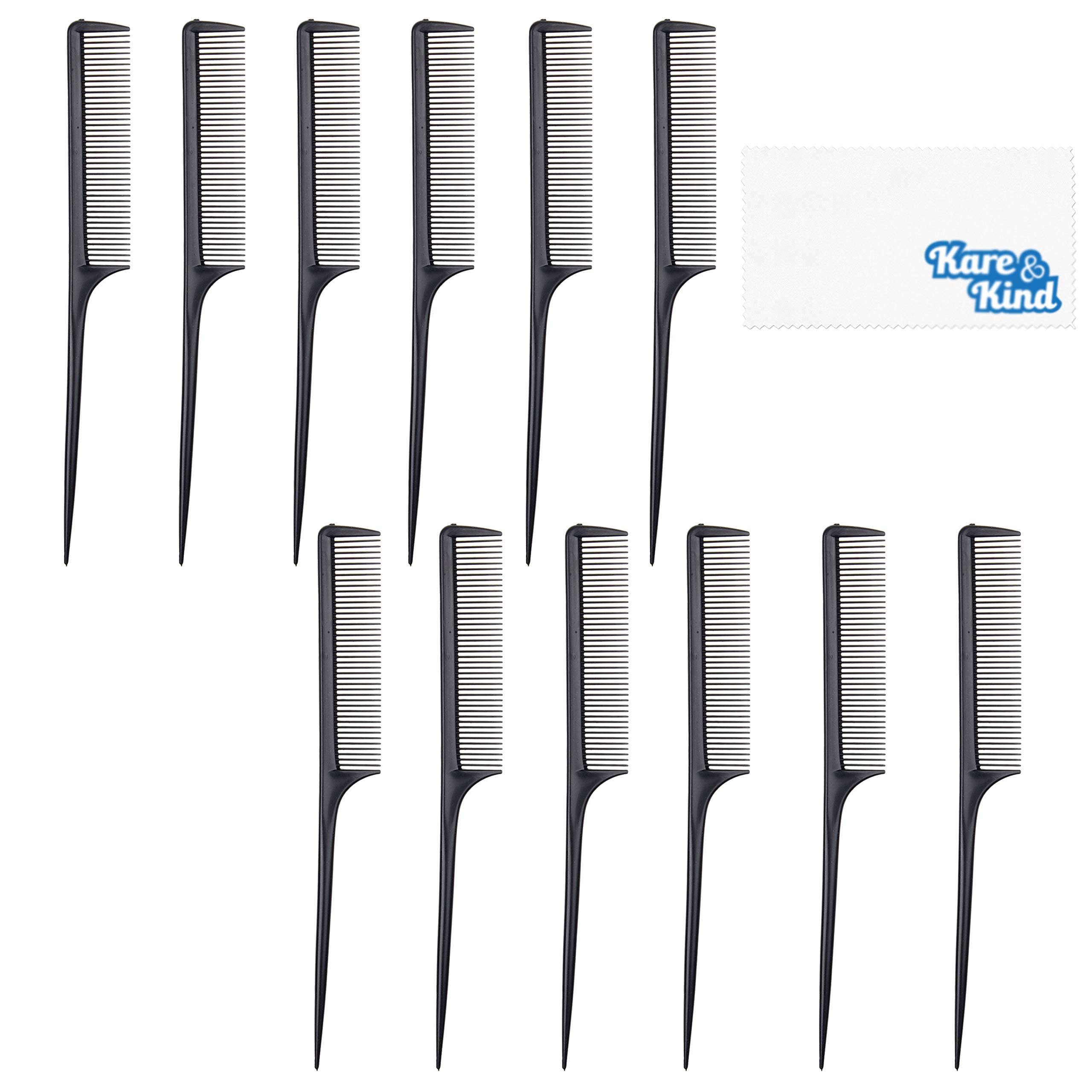 & 12-pack Styling Comb - Black Color - Fine Tooth Rat Tail Combs - Plastic Material - Use for Adding Volume, Trimming, Root Teasing, Sectioning, Coloring, Hairstyling - Men Women - Gift