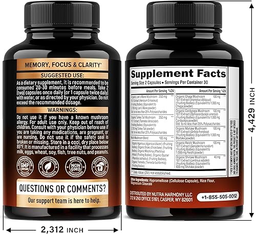 Miniatura 2 de Mushroom Supplement - Organic Lions Mane Turkey Tail Chaga Cordyceps Reishi Maitake Shiitake Meshima Tremella Oyster Agaricus