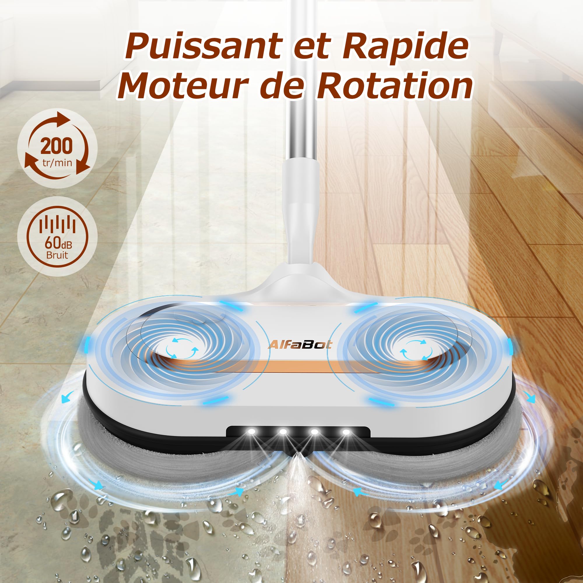 AlfaBot S2 Balai Électrique Sans Fil | Grand Réservoir 400mL | Autonomie 60 Min | Nettoyeur de Sol avec LED et Pulvérisateur | Pour Parquet & Carrelage | Balai Rotatif Léger 1,7kg