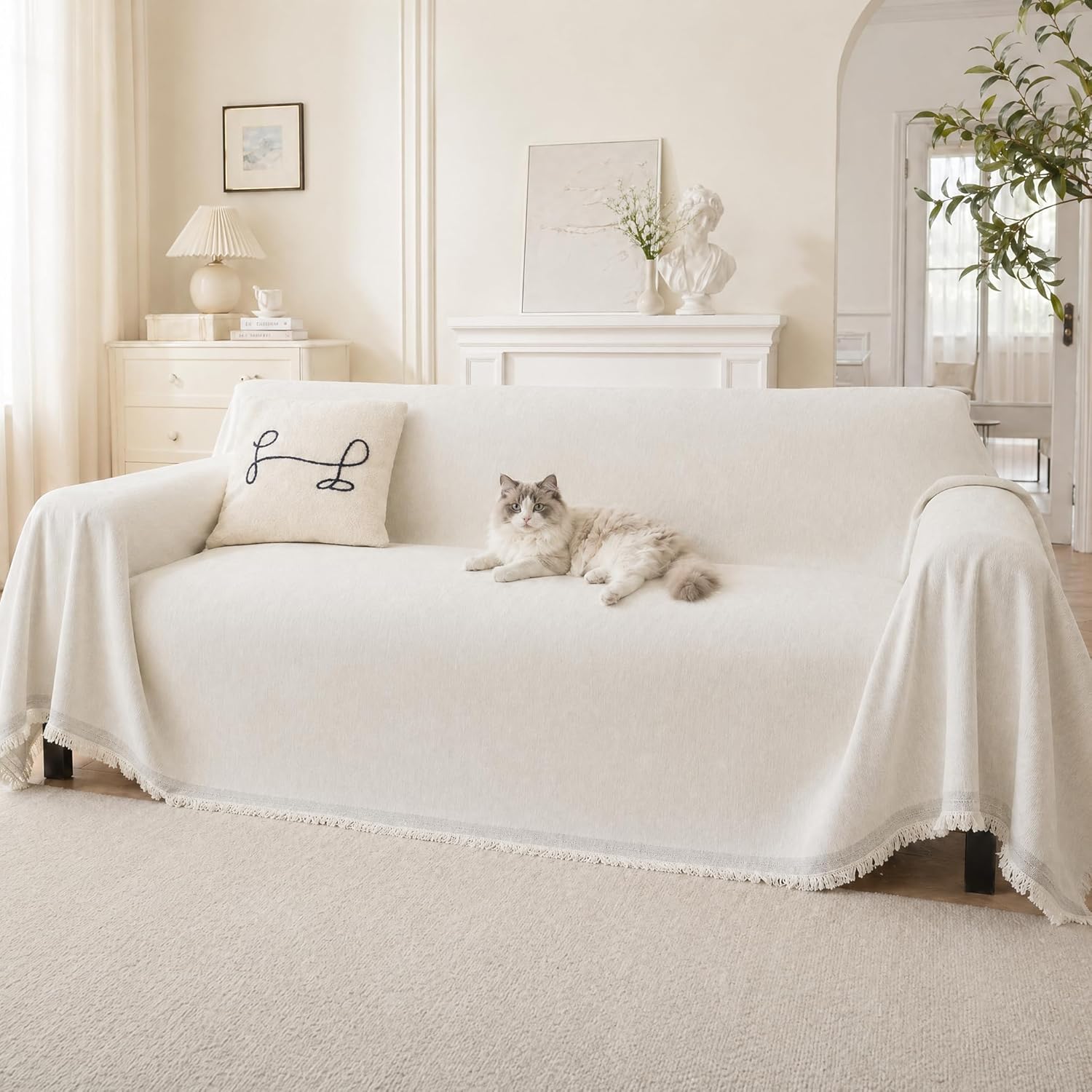 Cream White Couch Cover Blankets for Sofa,Thick Chenille Sofa Covers for Pets,Throw Covers for Sofa Waterproof Couch Cover for Loveseat Sectional Slipcover Home Decor Living Room 91"X134"