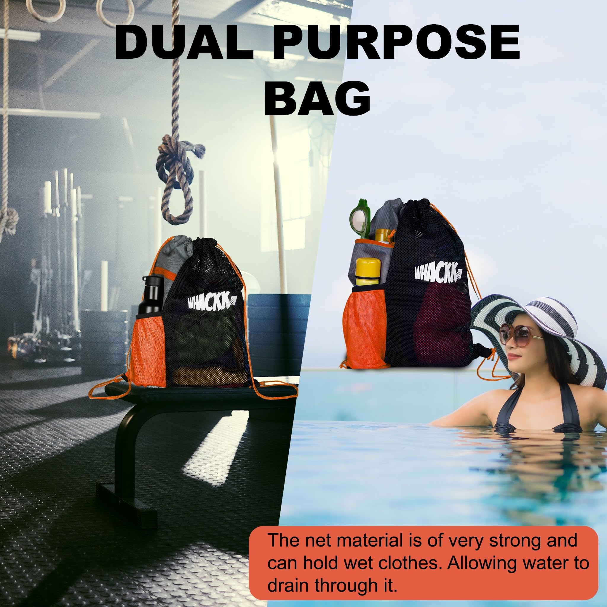 Whackk Joss 9L | Bolsa deportiva | Bolsas para equipo de natación | Bolsas de netball | Bolsas secas | Bolsa con cordón para zapatos y ropa | Equipo deportivo | Bolsillo para accesorios | Bolsa de