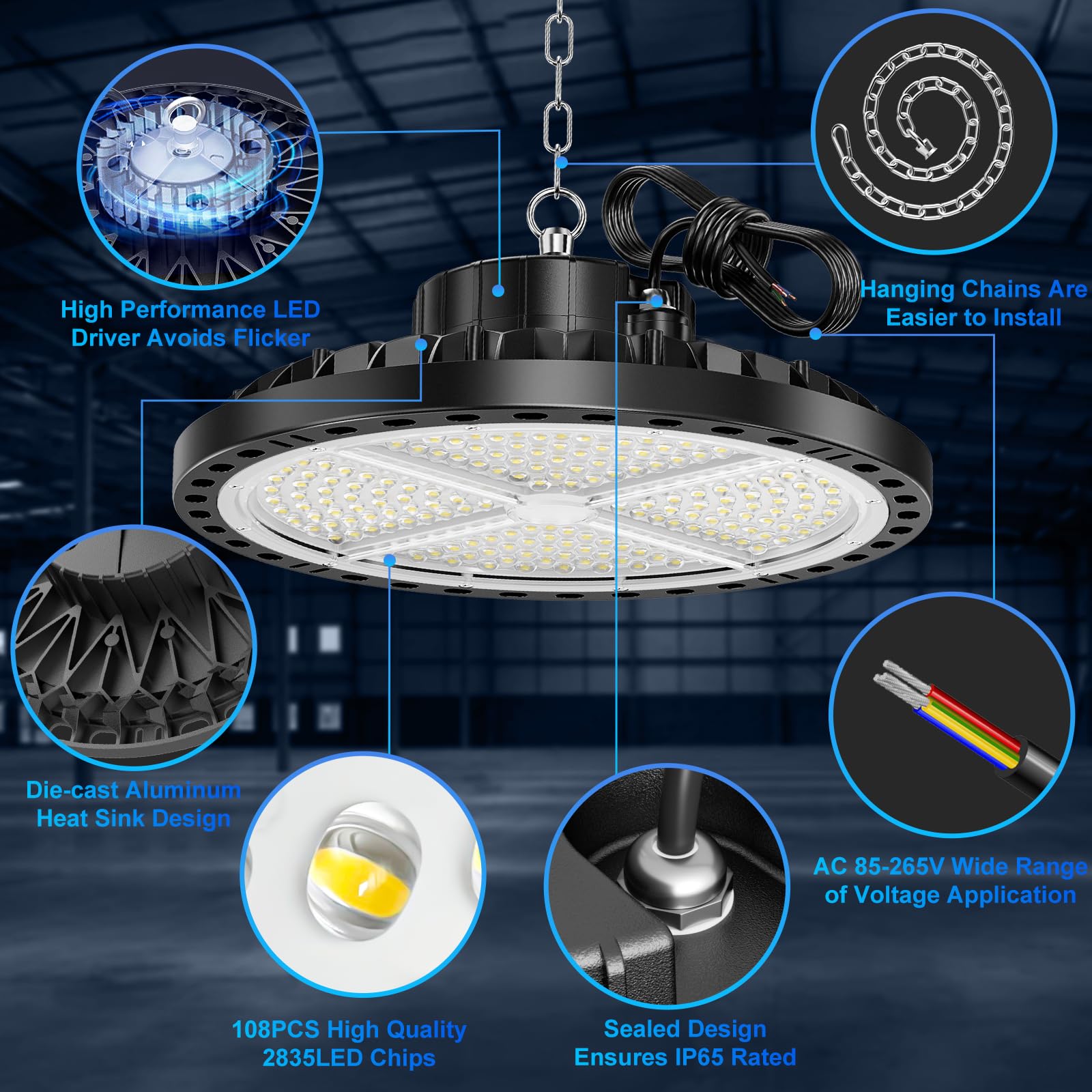 LED Werkstatt Deckenleuchte 200W 2 Stück, 20000lm | UFO High Bay Lights 6500K Kaltweiß Werkstattlampe, IP65 Wasserdichte Industrielampe Hallenstrahler für Fabriken