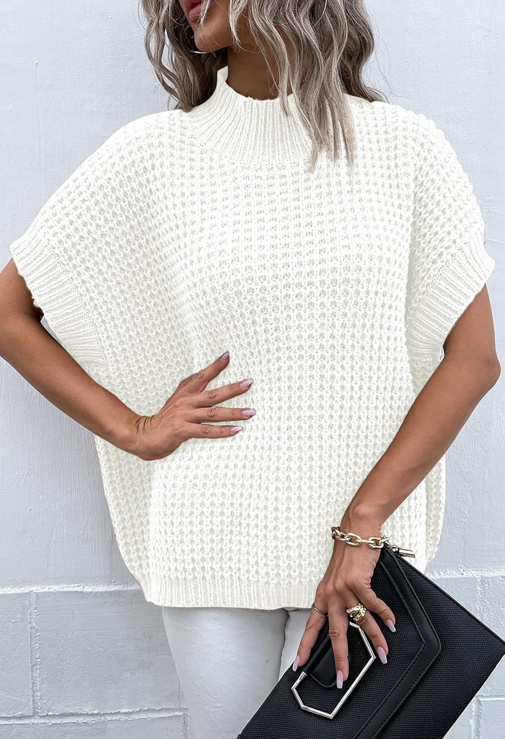 Pink Queen Women's Mock Neck Batwing Short Sleeve Loose Oversized Knit Pullover Sweater Vest Jumper Tops - Image 3