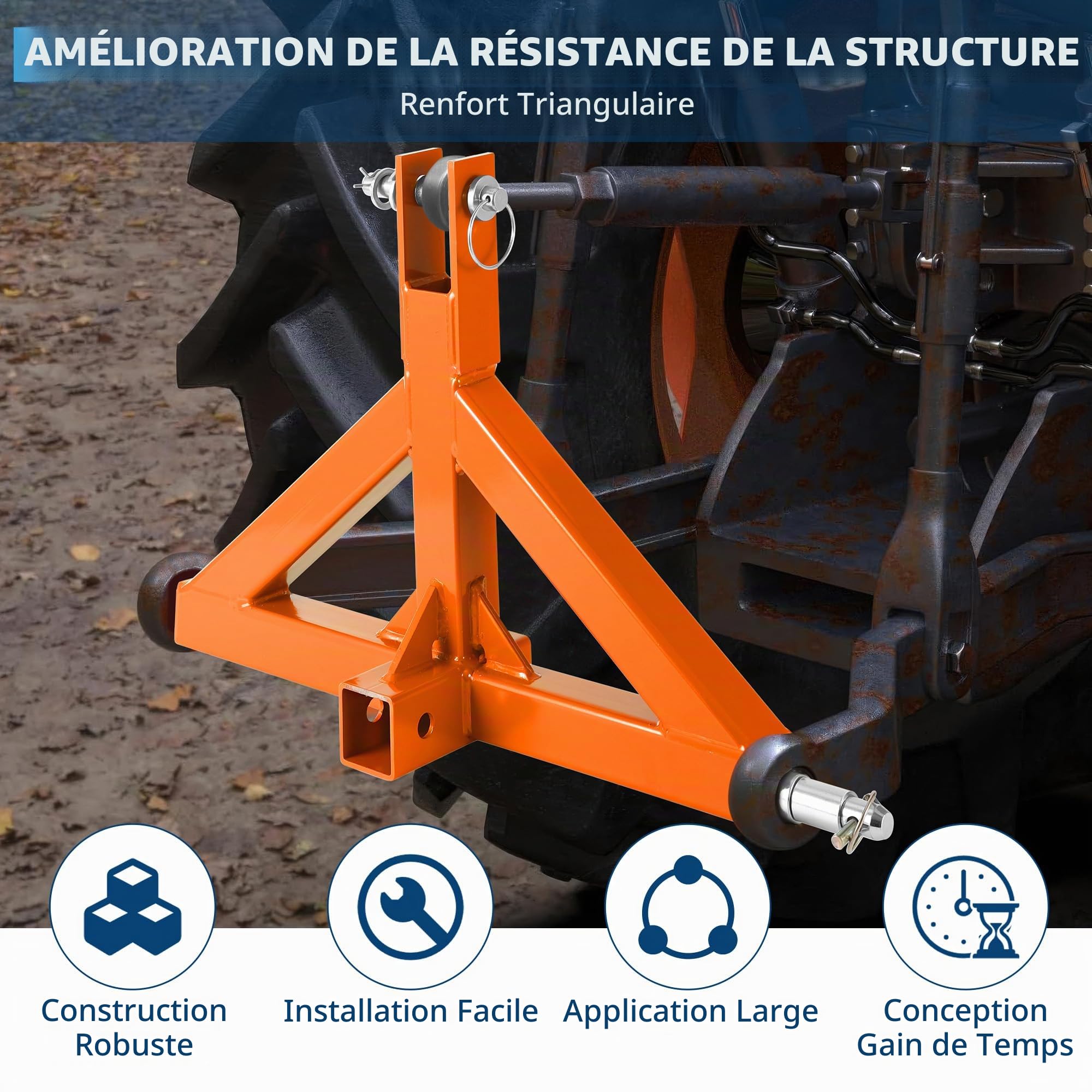 Attelage 3 points robuste Catégorie 1 pour tracteur – Récepteur 2" et crochet – Barre de remorquage rapide, compatible accessoires agricoles/remorques – Acier inoxydable 3mm – Adapté