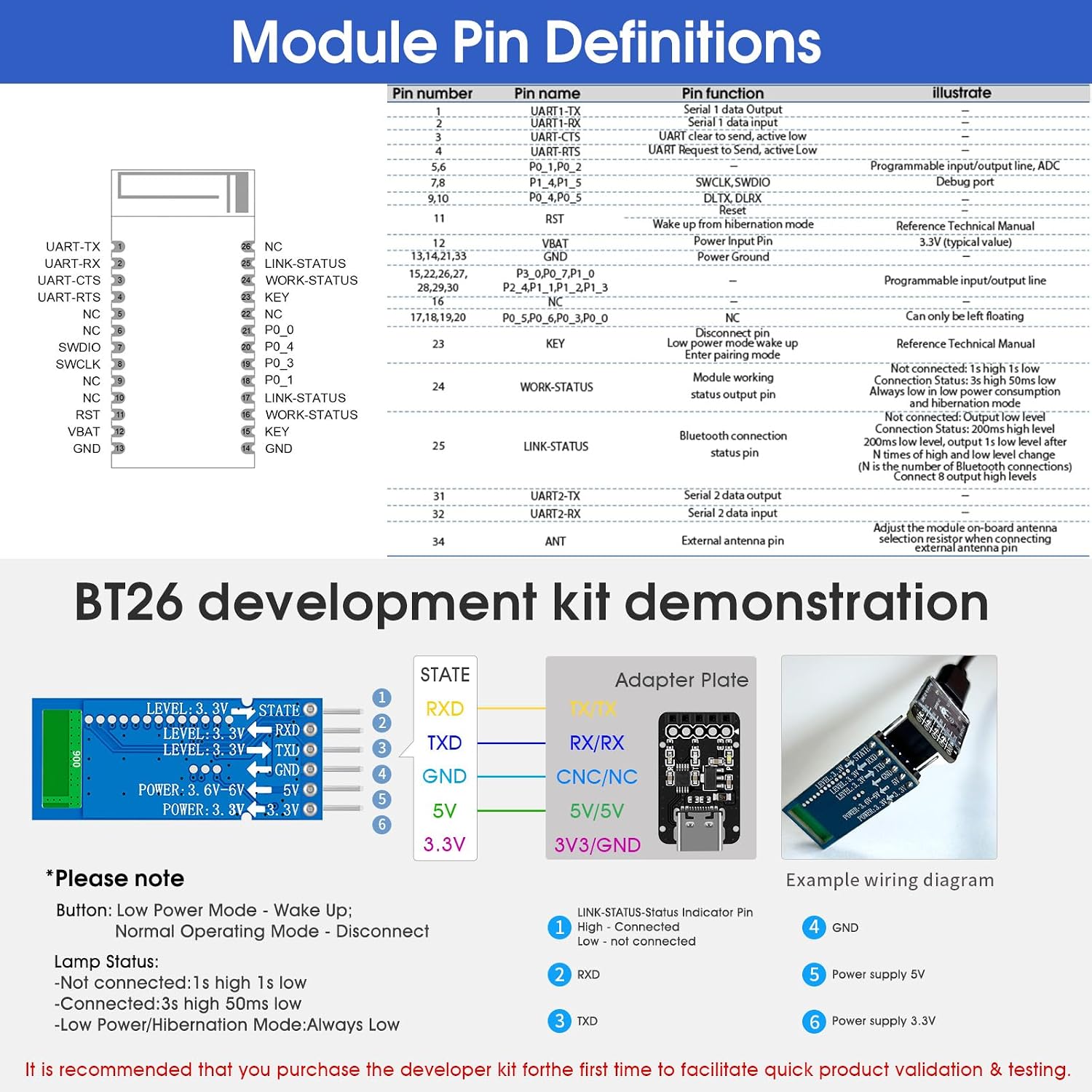 DX-BT26 module pin definitions and development kit connection diagram