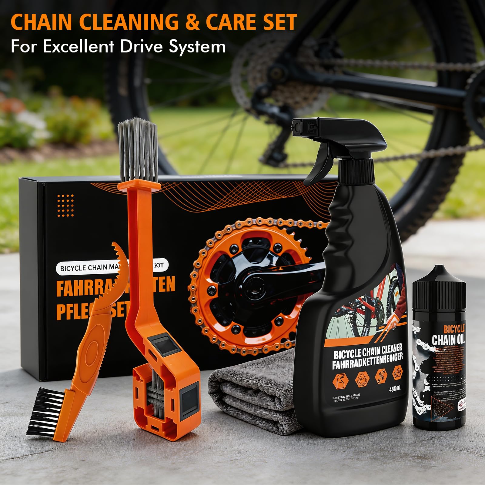 Zestaw do czyszczenia łańcucha rowerowego, zestaw do czyszczenia roweru z 450ml środka do czyszczenia łańcucha rowerowego i 120ml oleju do łańcucha rowerowego, zestaw do czyszczenia łańcucha