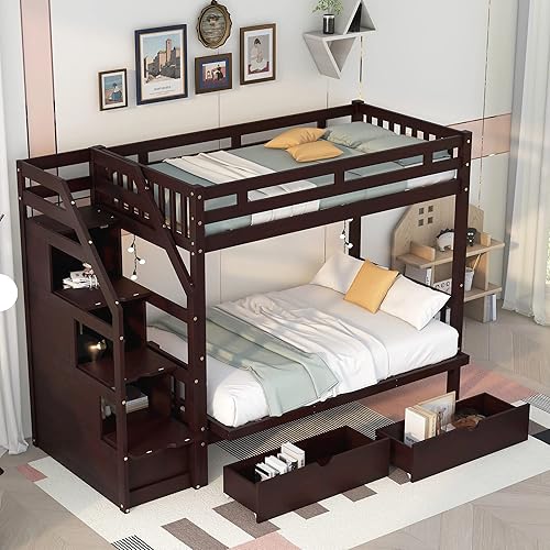 Miniatura 29 de Harper & Bright Designs Litera individual sobre cama individual con nido, marco de cama de madera para niños con escaleras y barandilla de gran