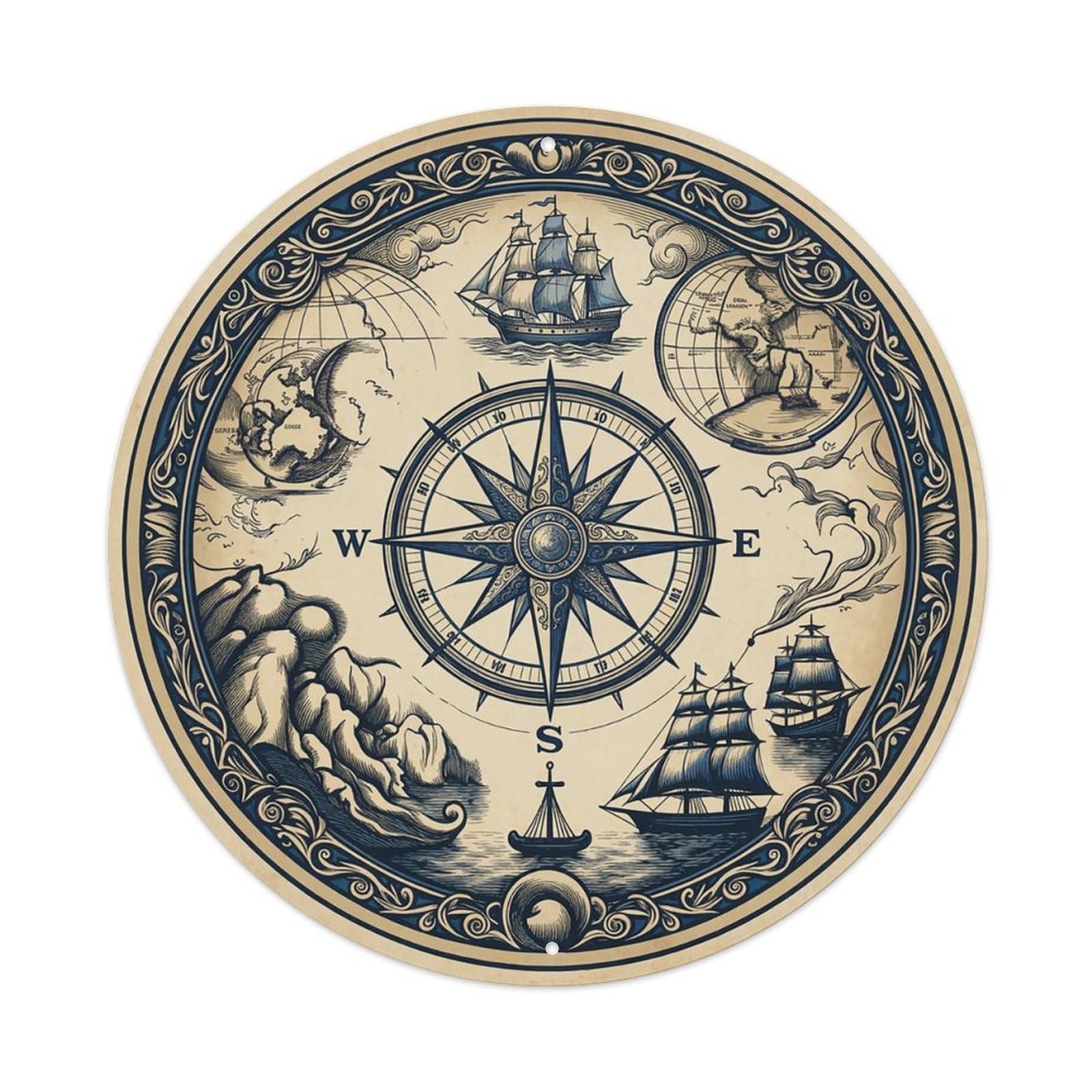 Vintage Nautical Compass World Map Barometer Guide Metal Tin Sign