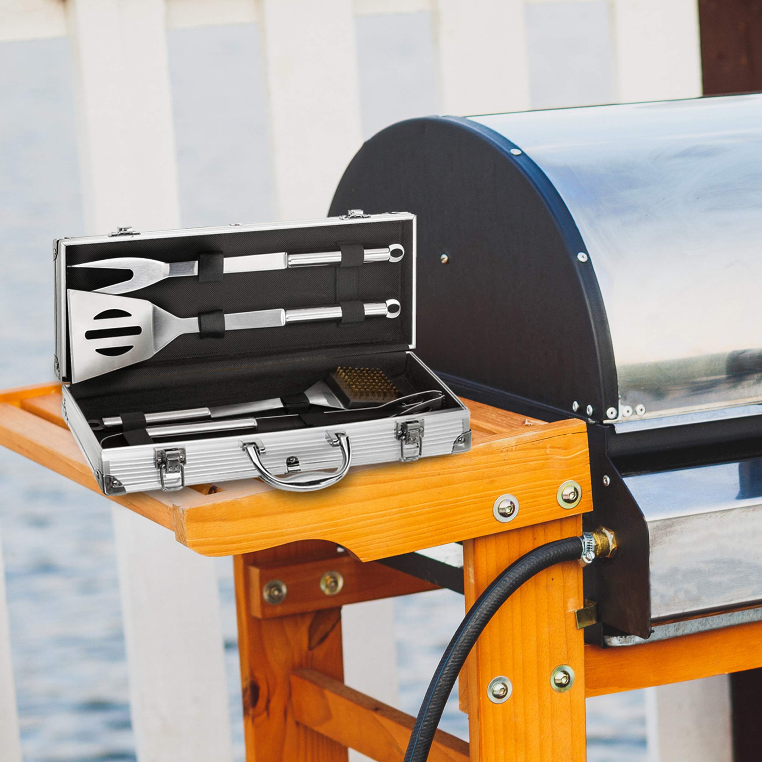 Ensemble de Couverts Professionnels pour Grill en Acier Inoxydable Boîtier de Grill 5 pièces Accessoires pour barbecue avec Brosse à Griller