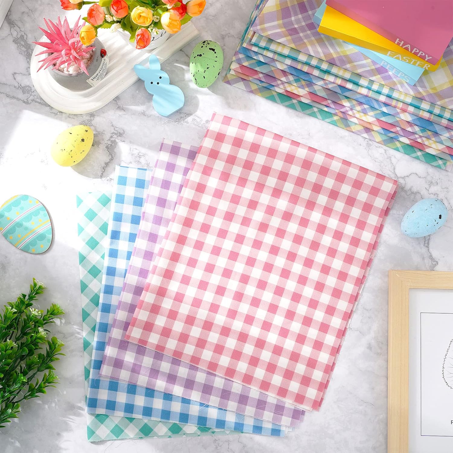 Whaline 12Pcs Spring Easter Plaid Cotton Fabric Bundles 18 x 22 Inch Tartan Printed Fat Quarters Purple Green Pink Blue Quilting Patchwork Squares Sewing for DIY Handmade Crafting Home Party Decor