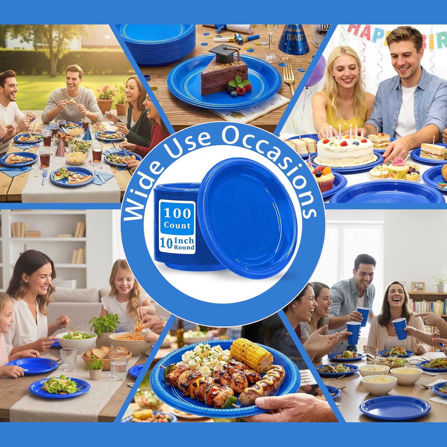 Blue Plates 10 Inch Disposable - Royal Blue Plastic Plates for Graduation 4th of July Patriotic Memorial Day - Heavy Duty Plastic Party Plates for Birthday Picnic Father's Day BBQ (100 Pack)