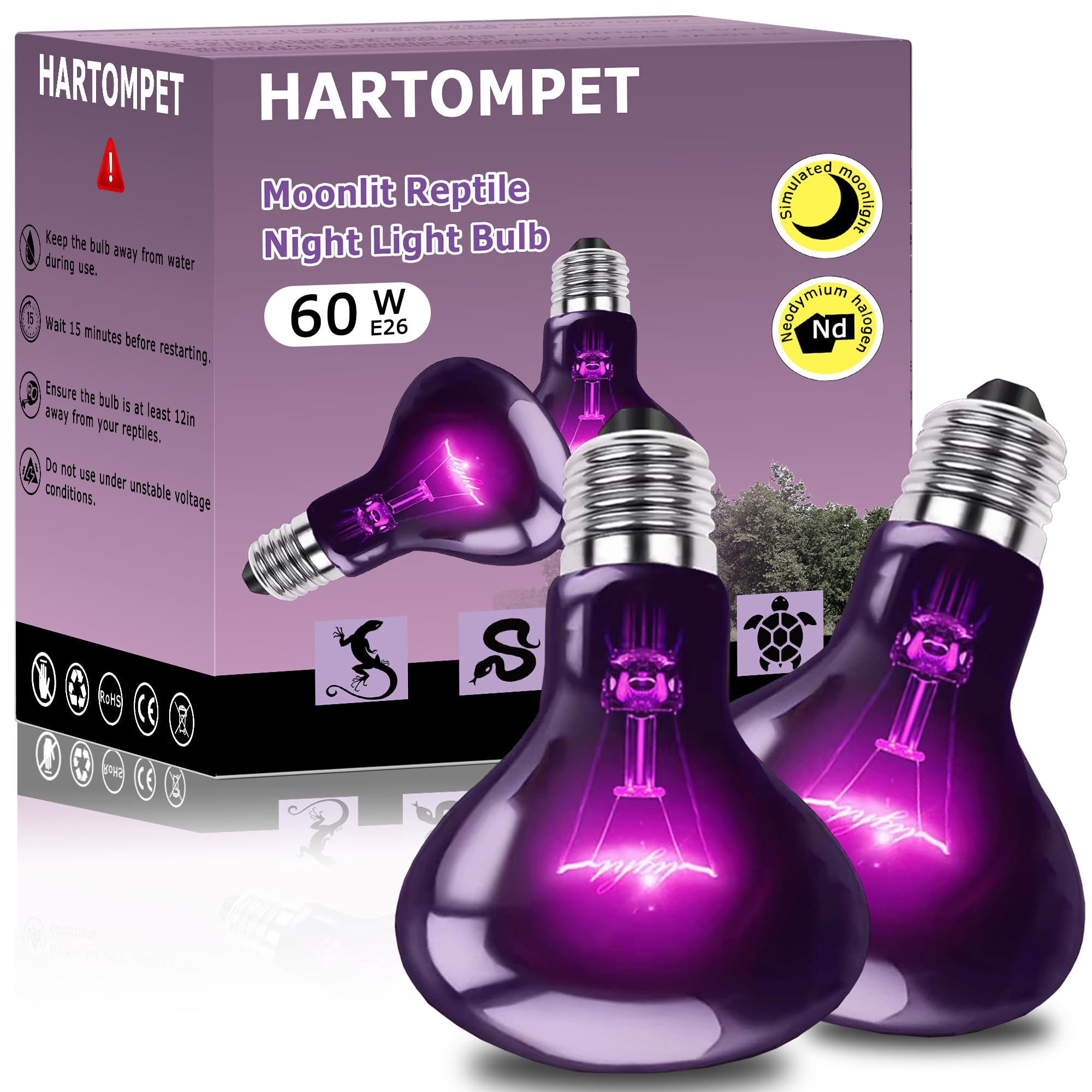 60W Reptile Night Light Bulb, Purple UVA Heat Lamp with Simulated Moonlight Effect, Night Basking Lamp for Bearded Dragons, Lizards, Snakes & Amphibians, Terrarium & Aquarium Use, 2 Pack