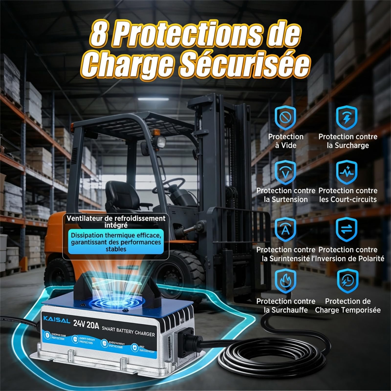 KAISAL 24V 20A Chargeur de Batterie pour Chariot élévateur, 24V Chargeur de Batterie avec Prise Anderson, Chargeur de Maintien Automatique pour Batteries au Plomb 24 V
