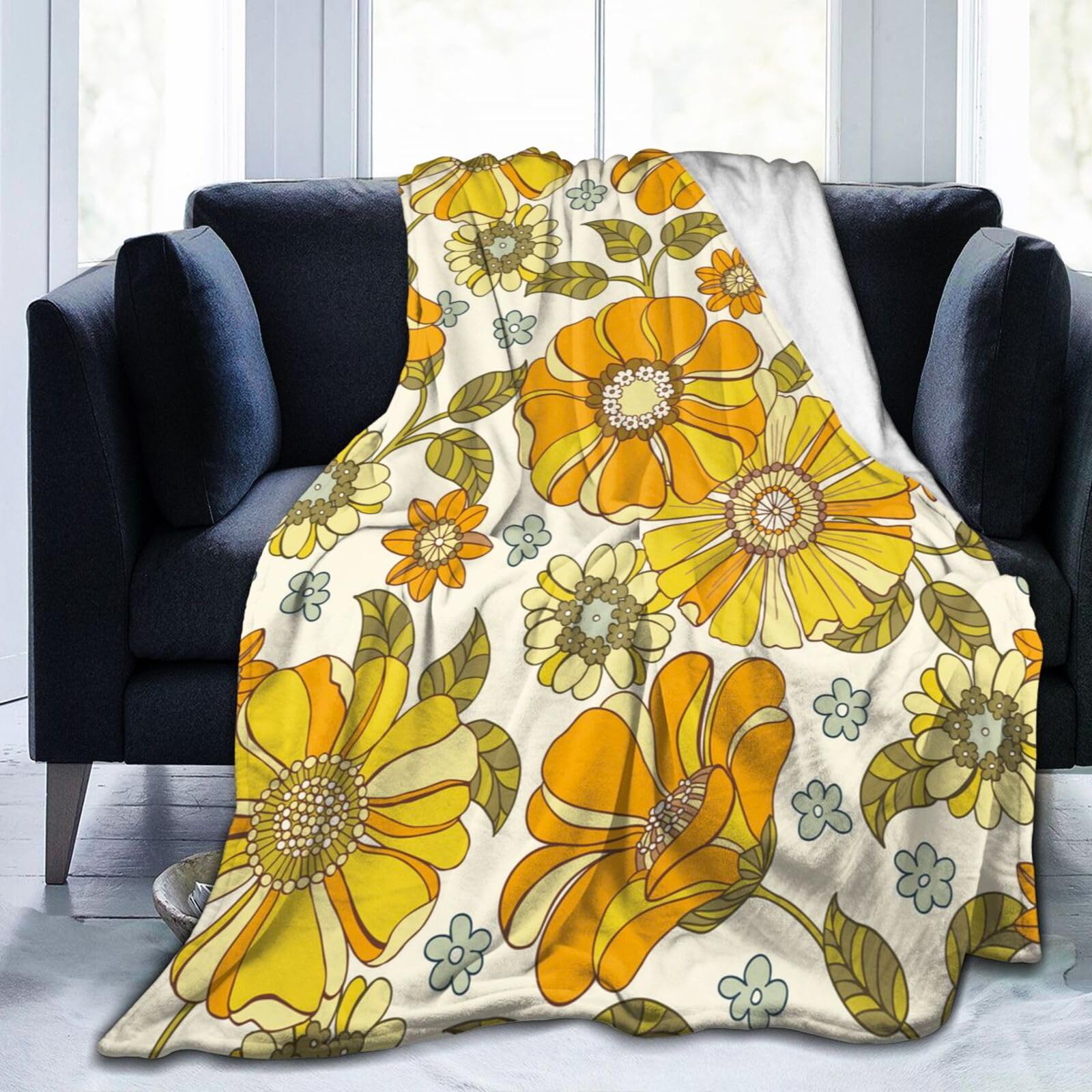 Floral Retro Hippie Vintage Blanket, Soft Blankets Flannel Bed Throw Cozy Lightweight Plush Gifts for Women Girls Sofa Couch Bedroom Living Rooms Warm