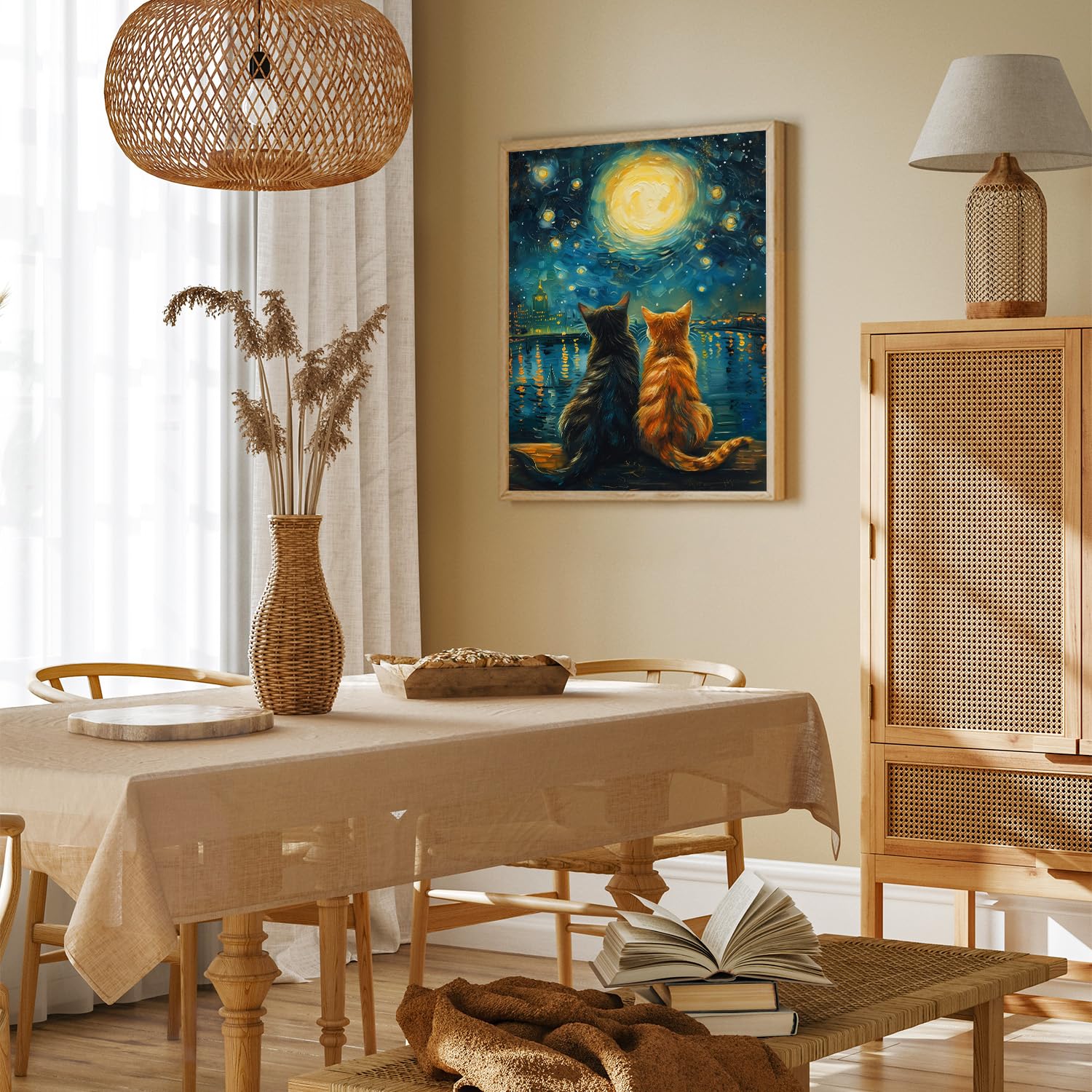 Stampa Su Tela Gatto Straordinario 30x40 Cm – Quadro Mistico Con Gatti, Luna E Stelle Per Decorazione Camera Da Letto O Soggiorno