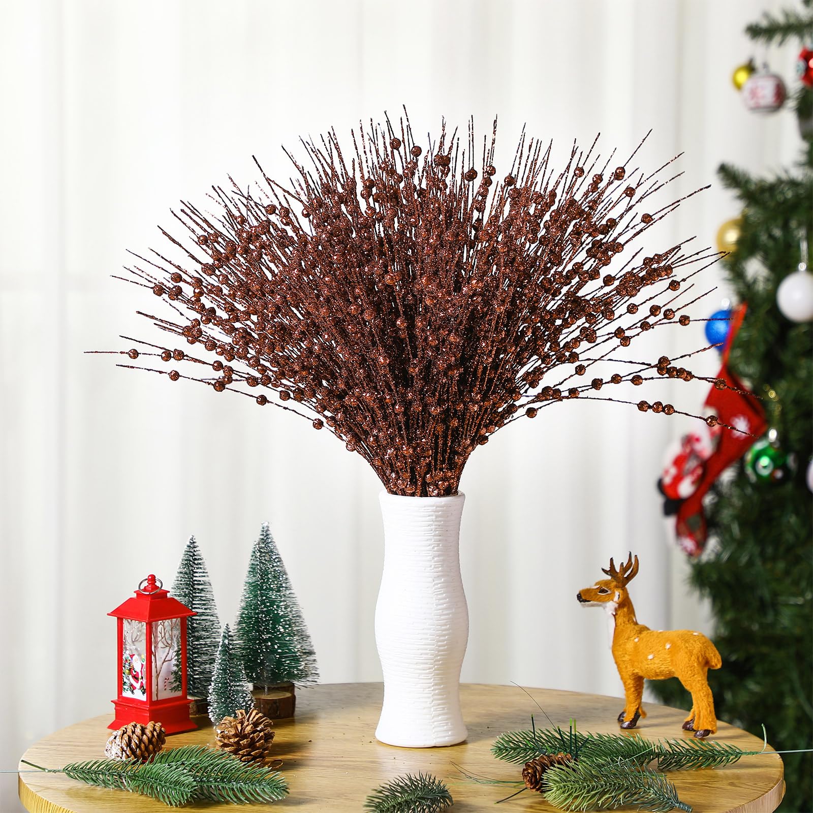 Geosar Künstliche Glitzer-Beerenstiel-Dekorationen, 43,2 cm, Weihnachtsschmuck, Blumenstrauß, Party-Mittelstück, glitzernde Zweige für Hochzeit, Baum, Kranz, Weihnachten, Heimdekoration (braun), 30