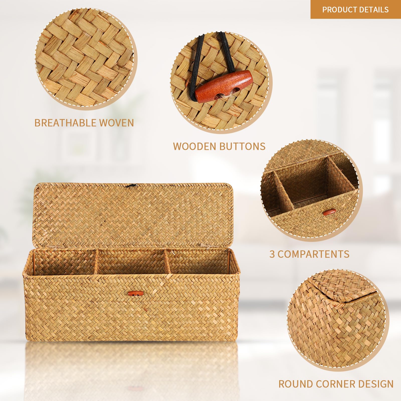 Moosky Canastas de mimbre con tapa, cesta de hierba marina para almacenamiento, cestas tejidas rectangulares, cajas de 3 secciones, organizador de decoración del hogar (natural, grande)