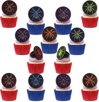 RoundFunny 48 Pcs Spider Cupcake Toppers Rings Birthday,Red/blue/black