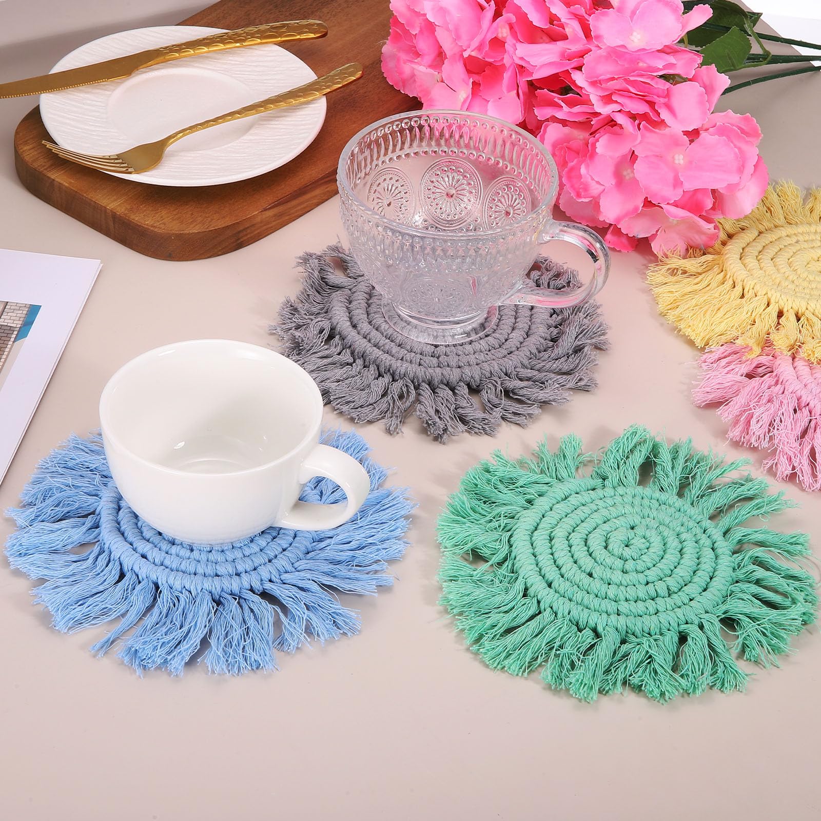 QUARKZMAN 4Pcs Sottobicchieri Boho Sottobicchieri Rotondi Intrecciati