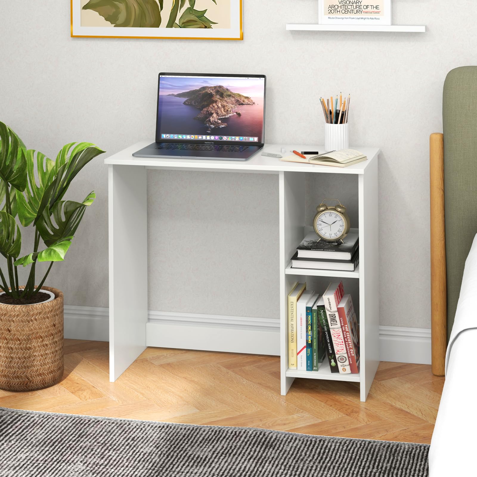GIANTEX Scrivania da Ufficio, Scrivania con Libreria da Ufficio, Scrittoio con 2 Ripiani, Tavolo in Stile Moderno, per Ufficio, Soggiorno, Camera da Letto, Studio (Bianco)