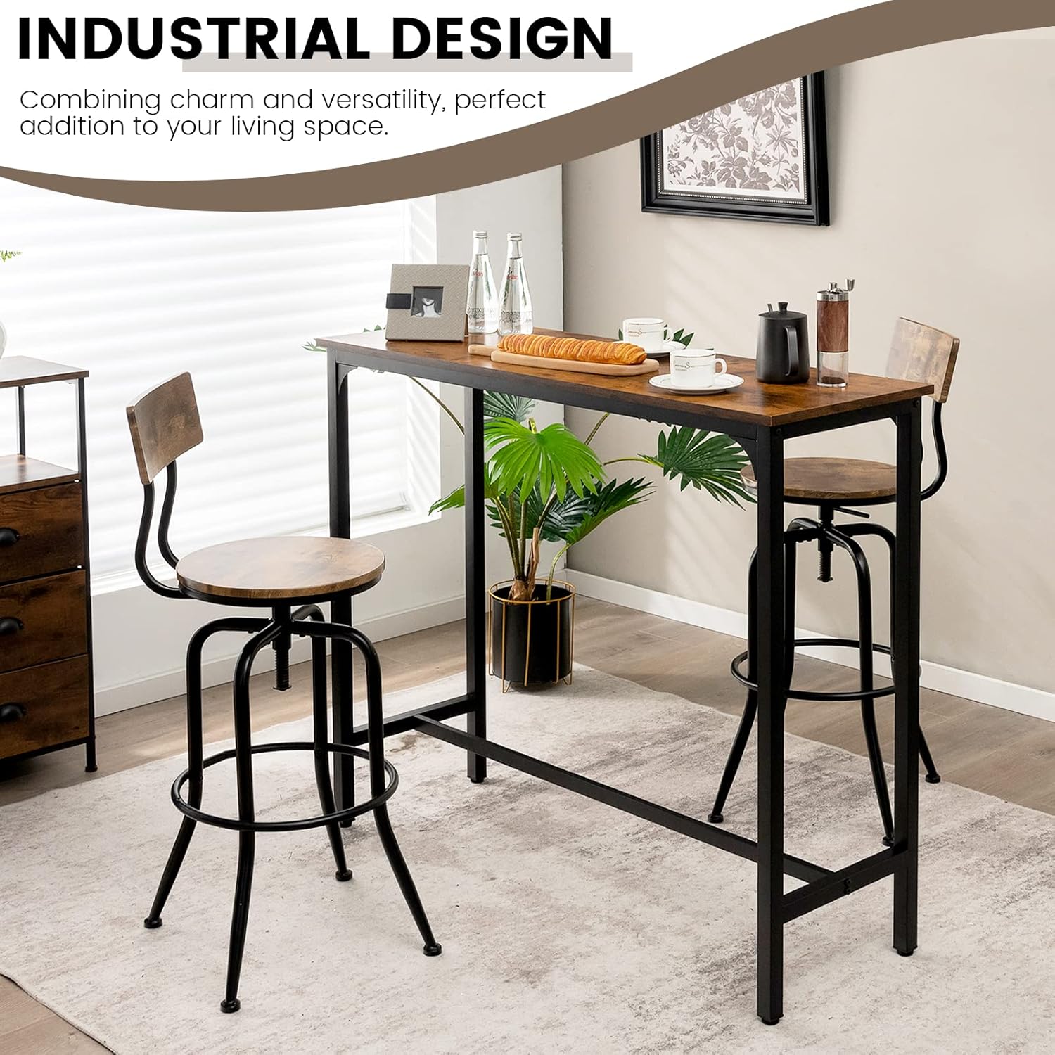 GOFLAME 48” Bar Table, Industrial High Top Bar Table with Metal Frame & Adjustable Feet, Rectangular Narrow Pub Table for Small Space, Multifunctional Dining Table for Kitchen Living Room Bistro