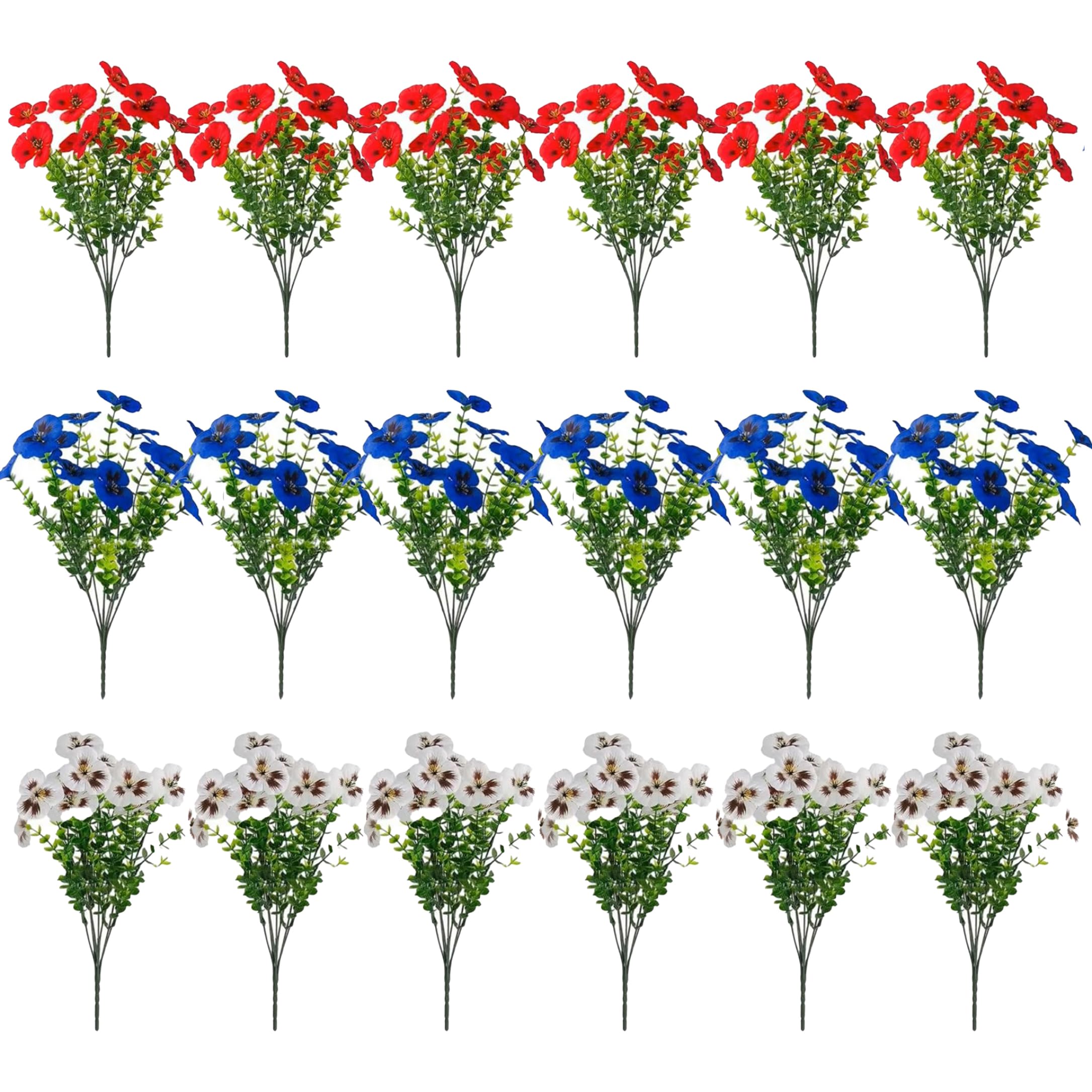 Wilafury 18Pcs Artificial Pansy Flowers, Realistic Faux Pansies Patriotic Flowers for Outside for Planter Front Door Porch Patio Window 4th of July Home Decor
