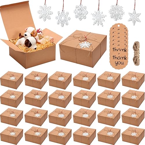 Miniatura 1 de Seajan 109 cajas de regalo retro de invierno, cajas de galletas, caja de golosinas con tapas, copo de nieve de madera, etiquetas de agradecimiento,