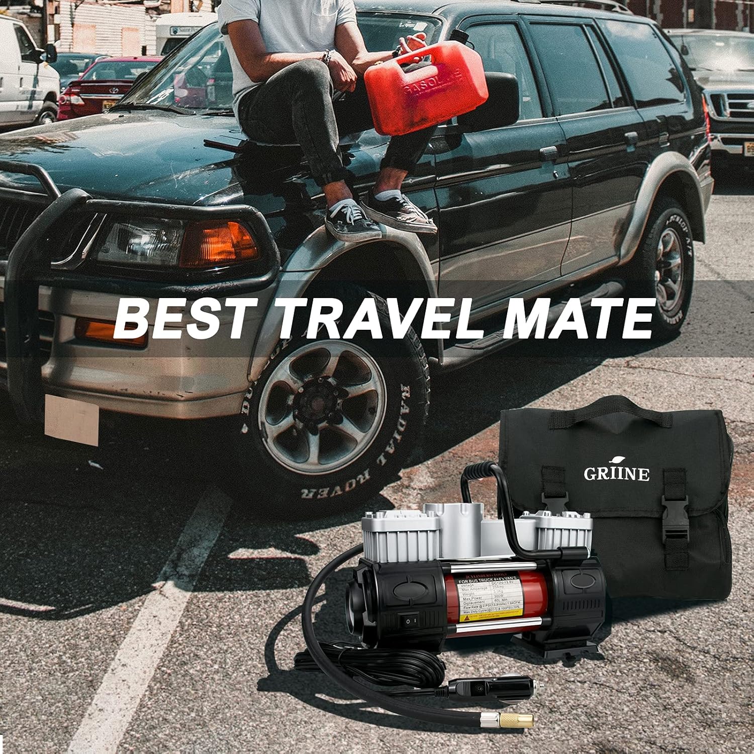 Griine Heavy duty twin cylinder tire inflator with carrying bag, metal 12V air compressor pump 150PSI, with adapter, suitable for SUVs/Trucks/Vans/RVs,red : Automotive