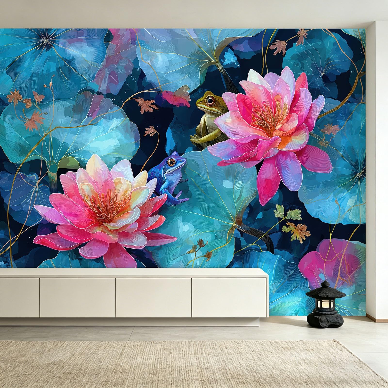 Fototapeta z efektem 3D, zwierzęta, żaby, akwarela – 250 x 175 cm, tapeta z włókniny, kwiatowe, lilie wodne, liście lotosu, tapeta ścienna, matowa i wodoszczelna, do salonu i sypialni, nowoczesna