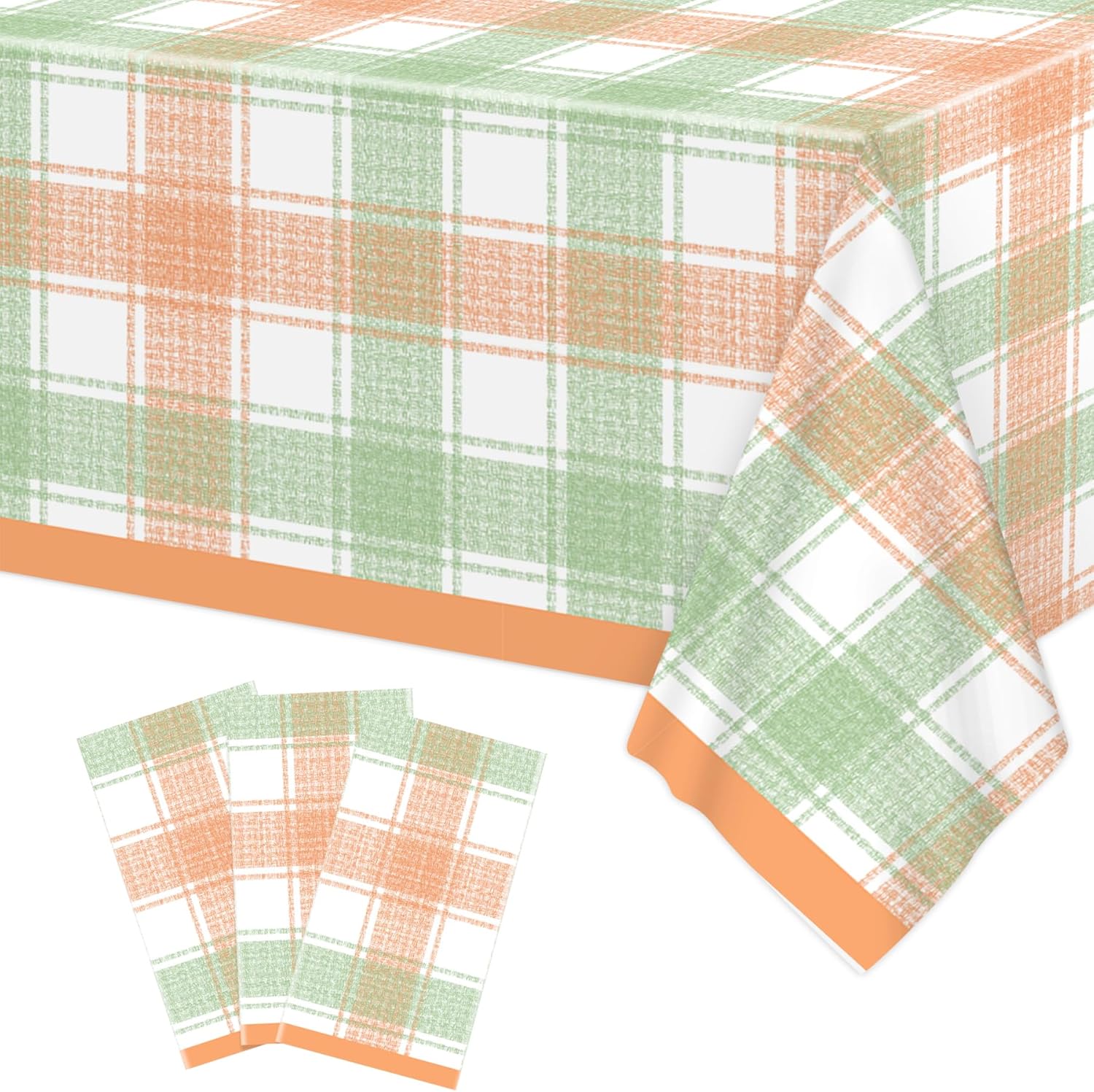 3Pcs Fall Plaid Tablecloth, 54 x 108 Inch Orange Green Buffalo Checkered Plastic Table Cover, Disposable Rustic Autumn Thanksgiving Table Cloth for Fall Harvest Party Decorations