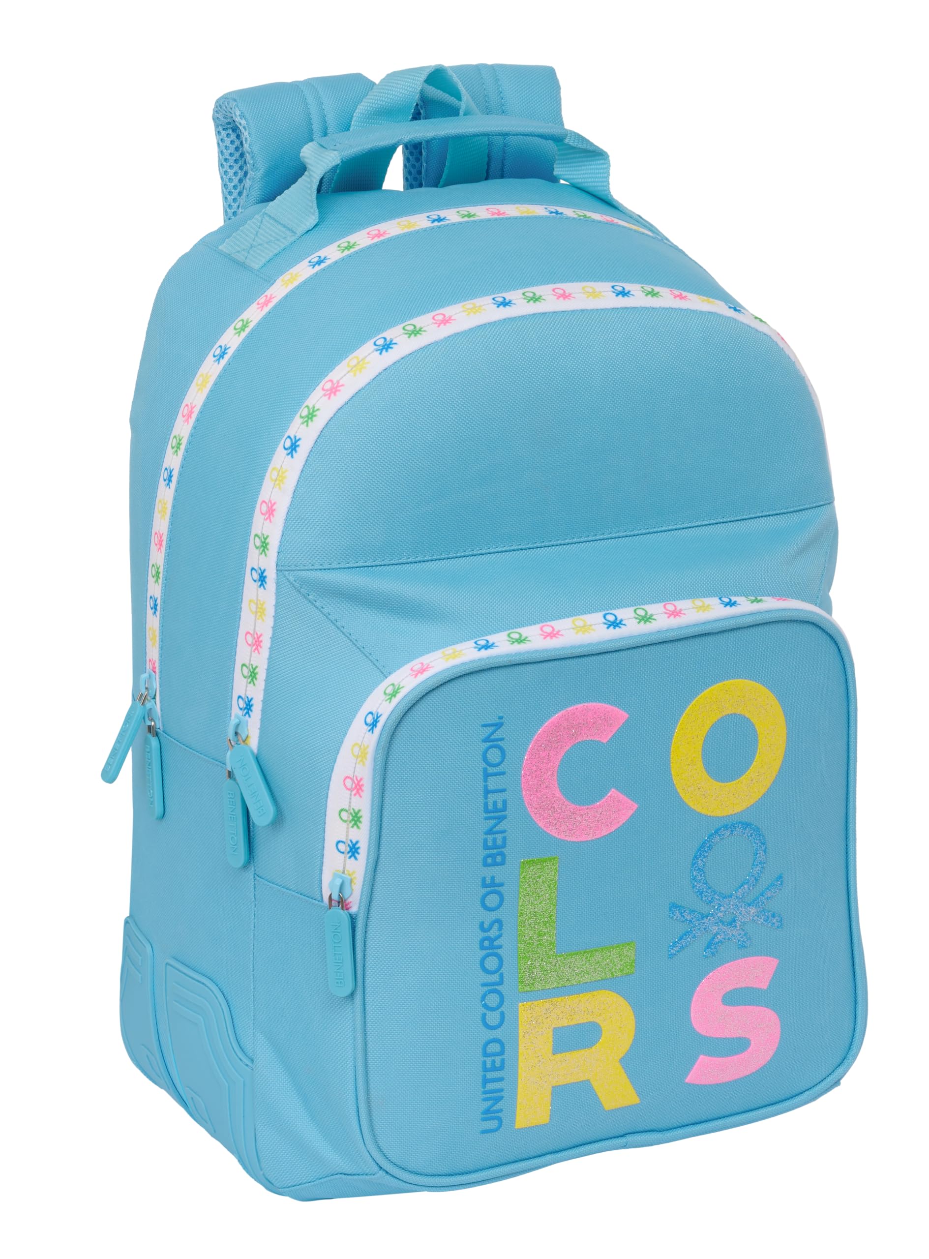 Safta BENETTON SPRING - Mochila Escolar Infantil, Ideal para Niños de Diferentes Edades, Cómoda y Versátil, Calidad y Resistencia, 32x15x42 cm, Color Celeste