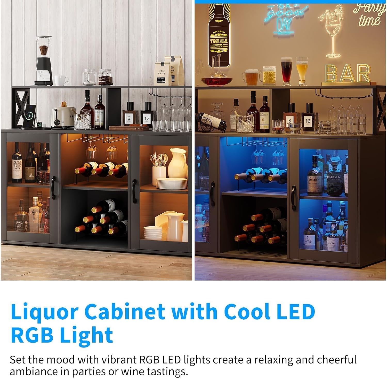 47" Wine Cabinet with LED Light, Home Coffee Cabinet with Wine Rack and Glass Holder, Coffee Bar Buffet Sideboard Storage with Power Outlets, for Living Room, Dining Room, Black
