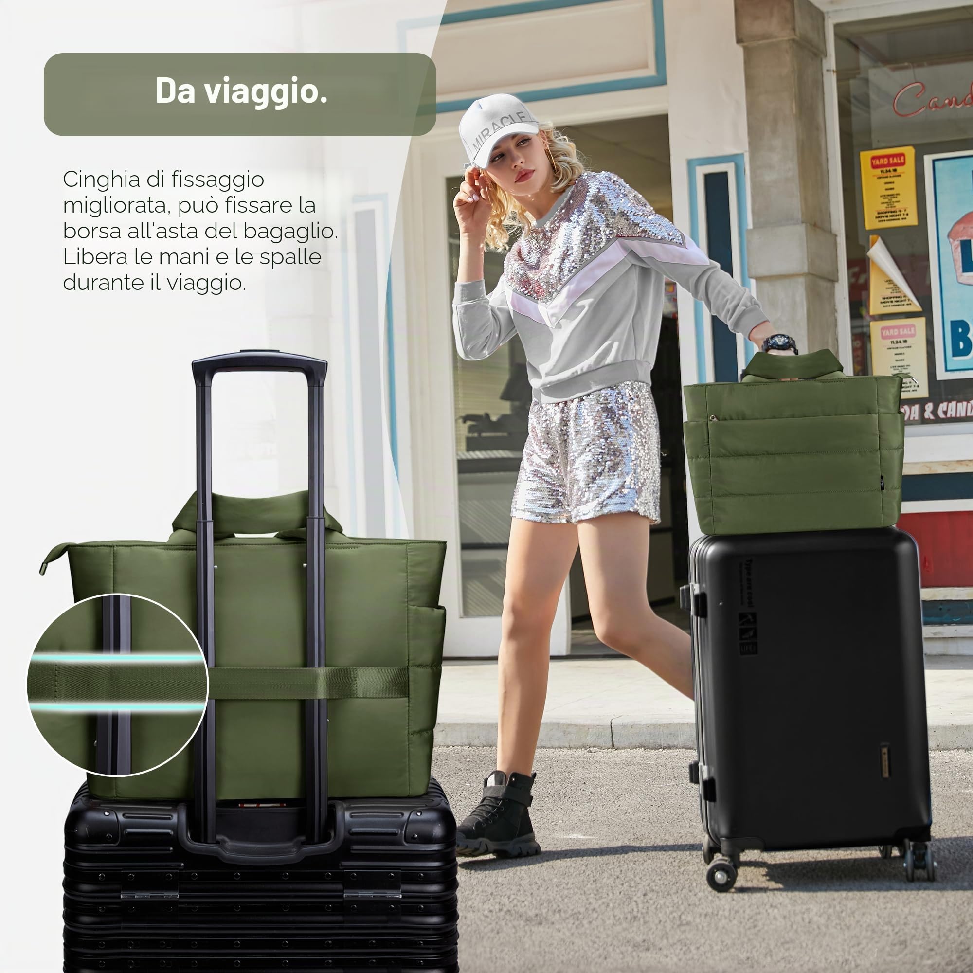 KALIDI Borsa tote trapuntata, borsa a tracolla imbottita da viaggio grande anti spruzzi cerniera casual lavoro palestra donna