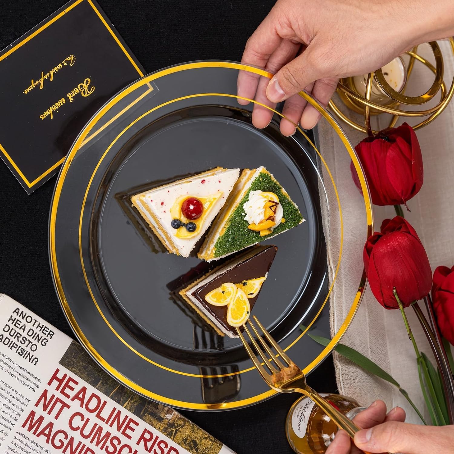 I00000 100PCS Clear Gold Plastic Plates, Clear Dinner Plates with Gold Rim 10 Inch, Fancy Disposable Wedding Premium Plastic Plate for Wedding & Party - Image 6