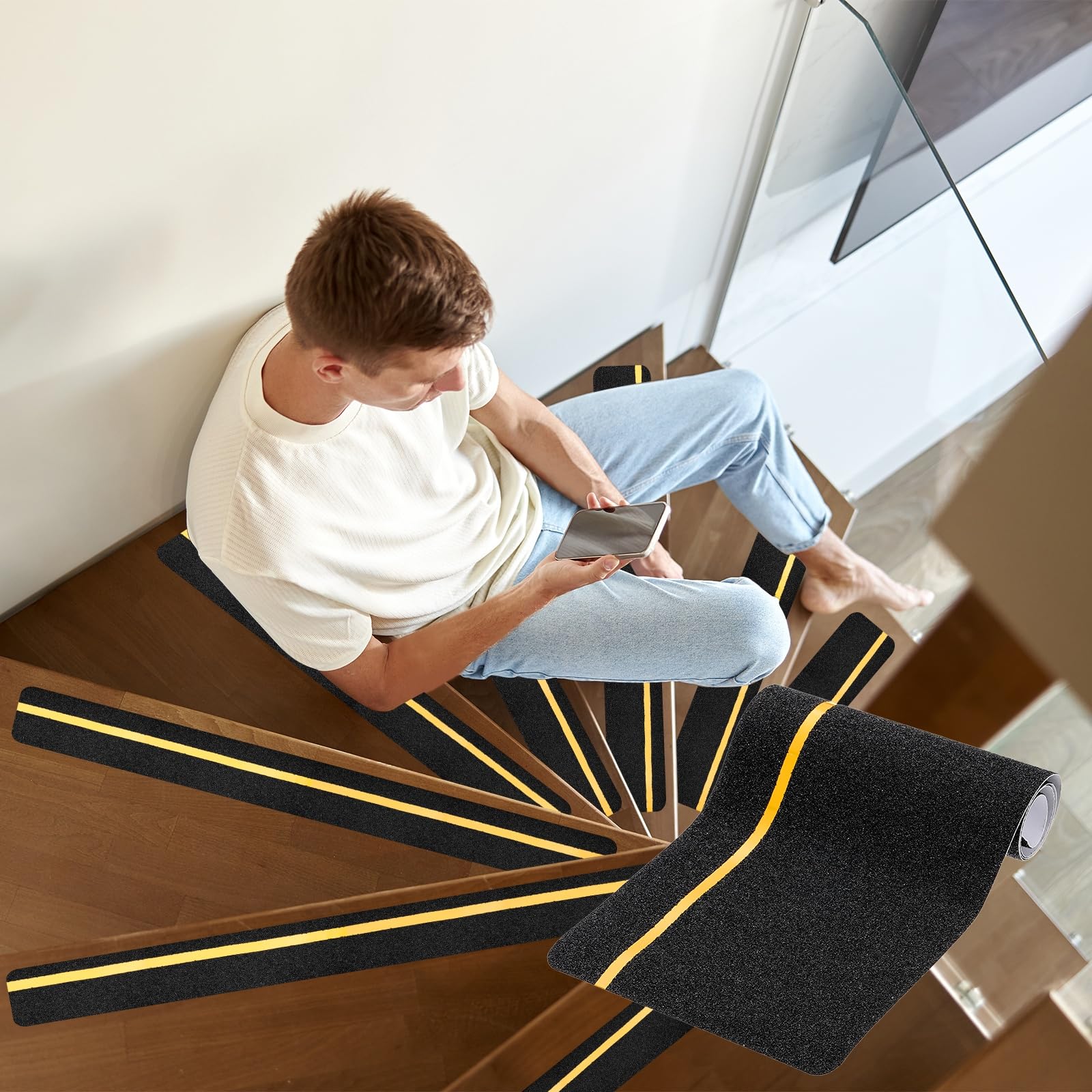 PATIKIL 15x61cm Cinta Antideslizante Negra Para Escalones, Paquete De 25 Tiras Autoadhesivas Antideslizantes Con Franja Fosforescente De 6mm Para Escalones De Madera