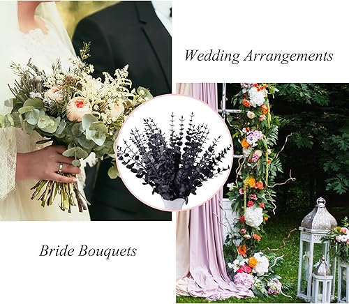 Miniatura 7 de FEQO 72 tallos de eucalipto negro, hojas de eucalipto artificiales, decoración de ramas de eucalipto, eucalipto falso con hojas falsas de 15