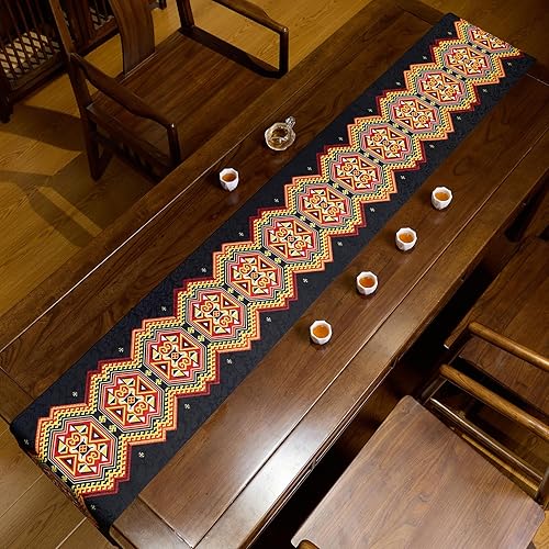 Miniatura 2 de Camino de mesa bohemio de 118 pulgadas extra largo para Acción de Gracias, Navidad, decoración del hogar, camino de mesa de granja, color negro,