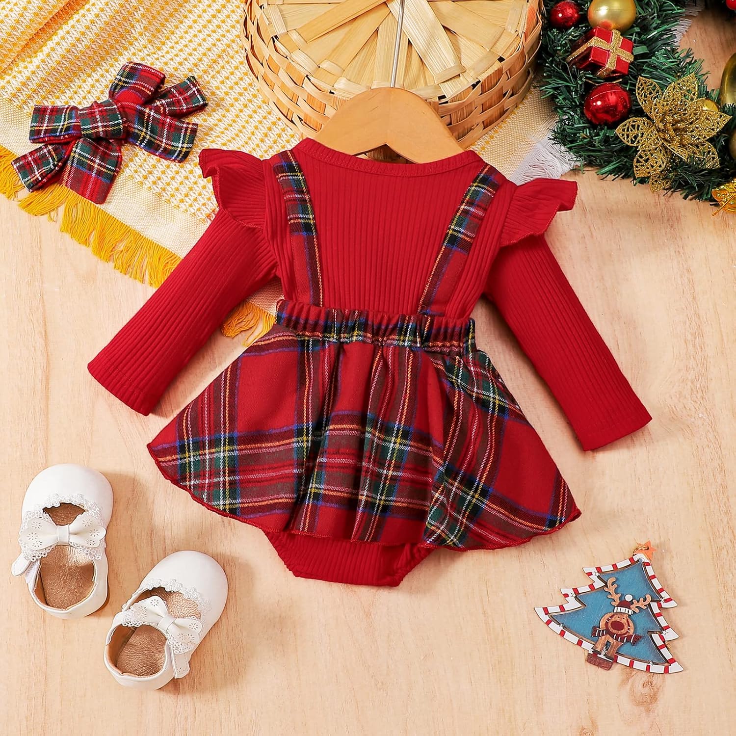Hnyenmcko Newborn Baby Girl Christmas Clothes Infant Red Plaid Romper Dress Ruffle Long Sleeve Ribbed Bodysuit Headband Set - Image 6