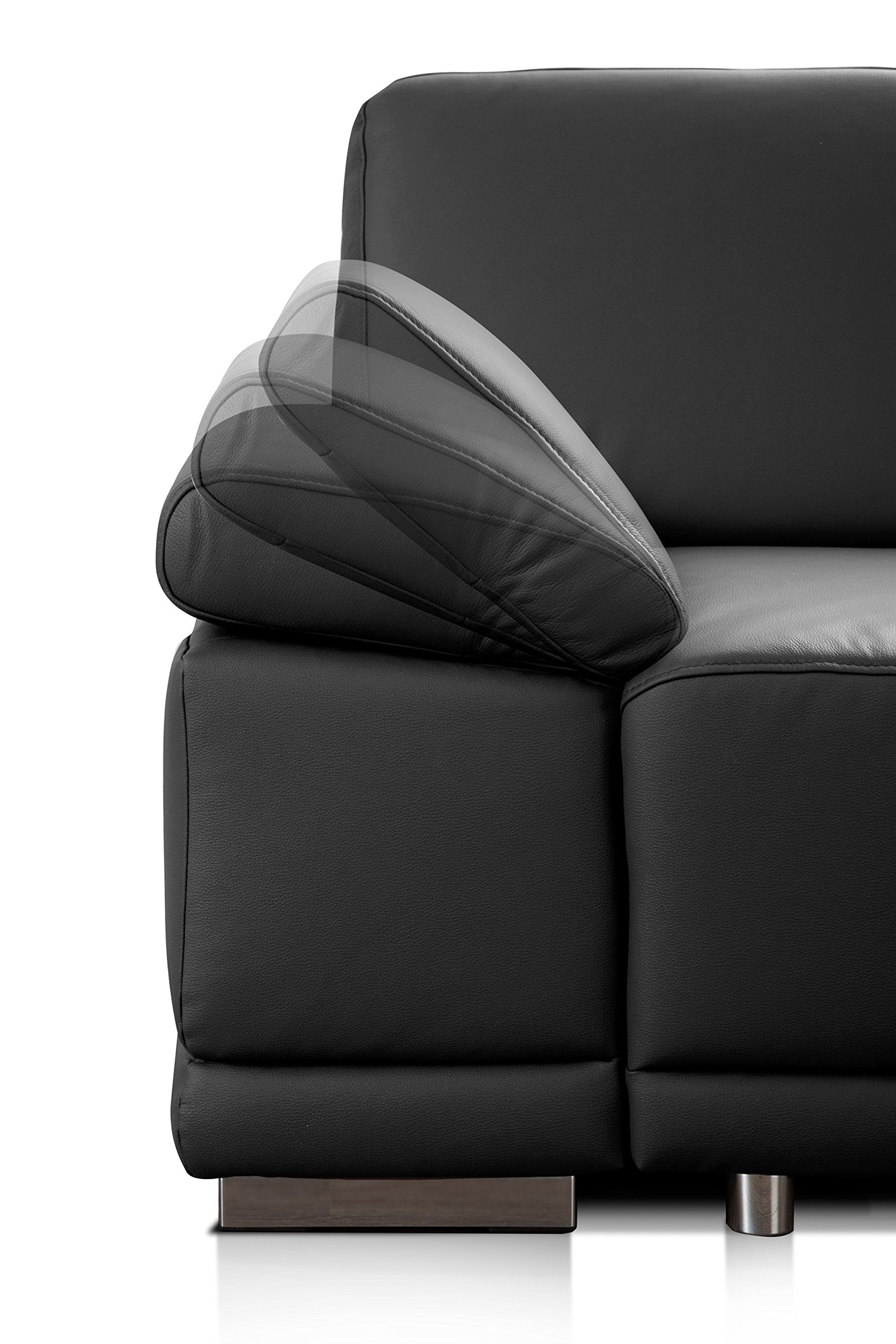 CAVADORE Ecksofa Corianne in Lederoptik / Couch inkl. Armteilverstellung und Longchair in modernem Design / 282 x 80 x 162 / Kunstleder, schwarz
